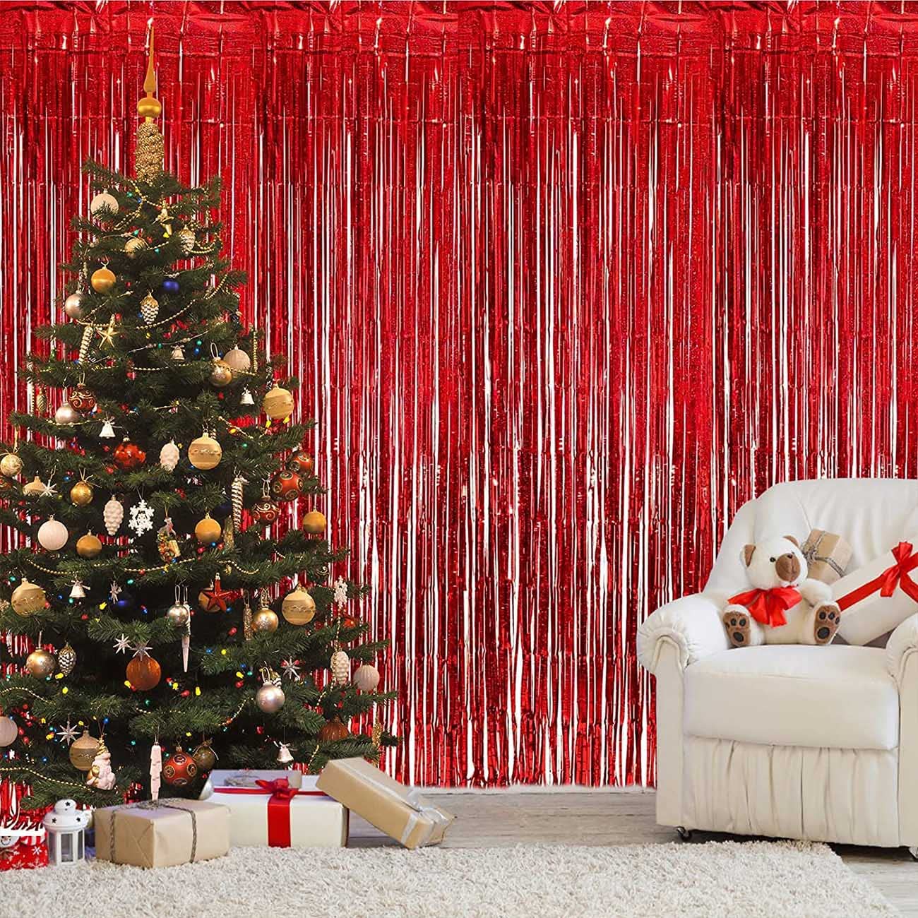 CC wonderland zone 2 Pièces Rouge Rideau Métallique Frange (1m x 2m) Rideau Tinsel pour Photographie Anniversaire Noël Party Décoration