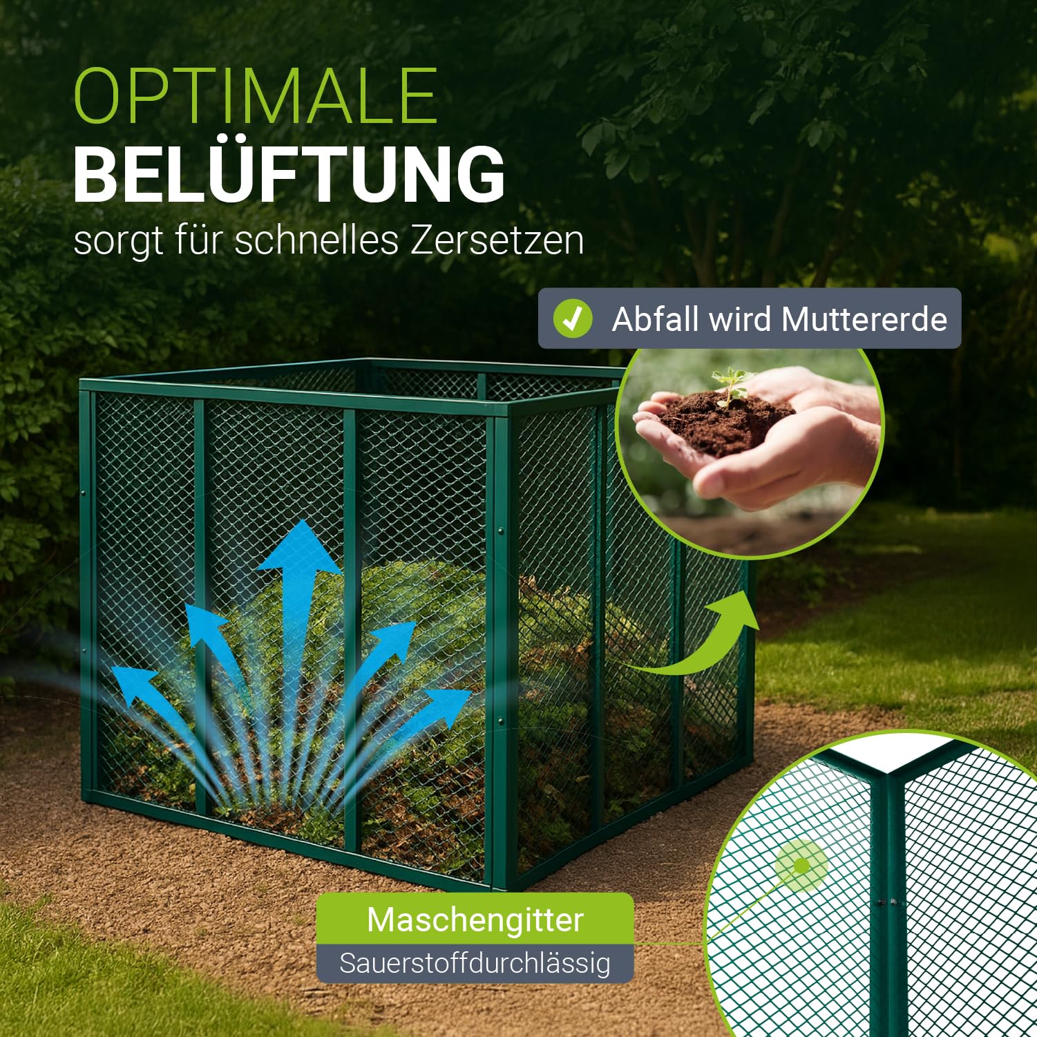 Juskys Metall Komposter 450 L, verzinkter & pulverbeschichteter Stahl, wetterfest, Belüftung durch Gitterrahmen, schnelles Kompostieren – Dunkelgrün