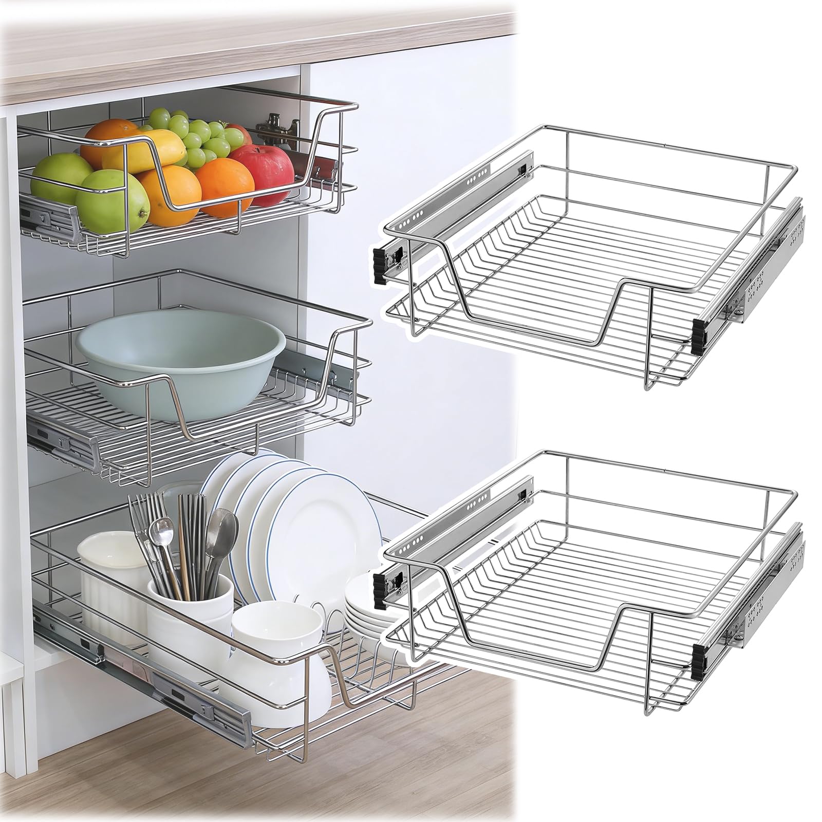 SAILUN Pull Out Wire Basket for 500mm Kitchen Cabinet, 2 Pack Slide Out Storage Drawer Organiser Base Larder, Silver Cabinet Pull-Out Basket for Kitchen, Pantry, Bathroom Cabinets