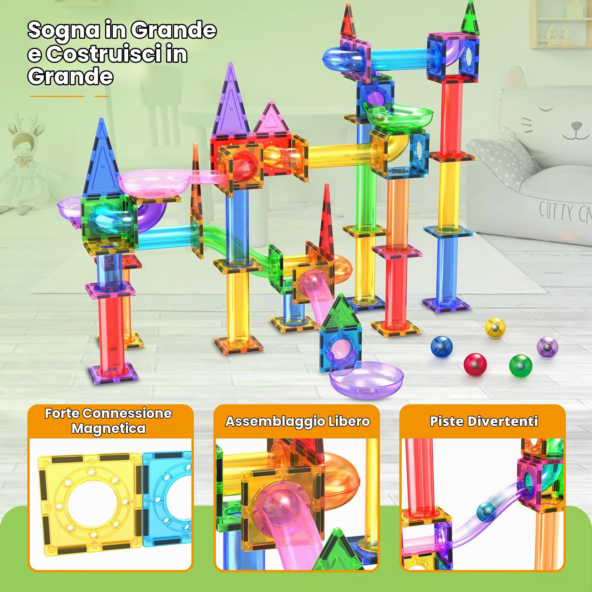 PicassoTiles Marble Run - Set da 150 pezzi di piastrelle magnetiche da corsa, set da gioco STEM Building & Learning Kit educativo per lo sviluppo del cervello dei bambini, ragazzi e ragazze, età 3 4 5