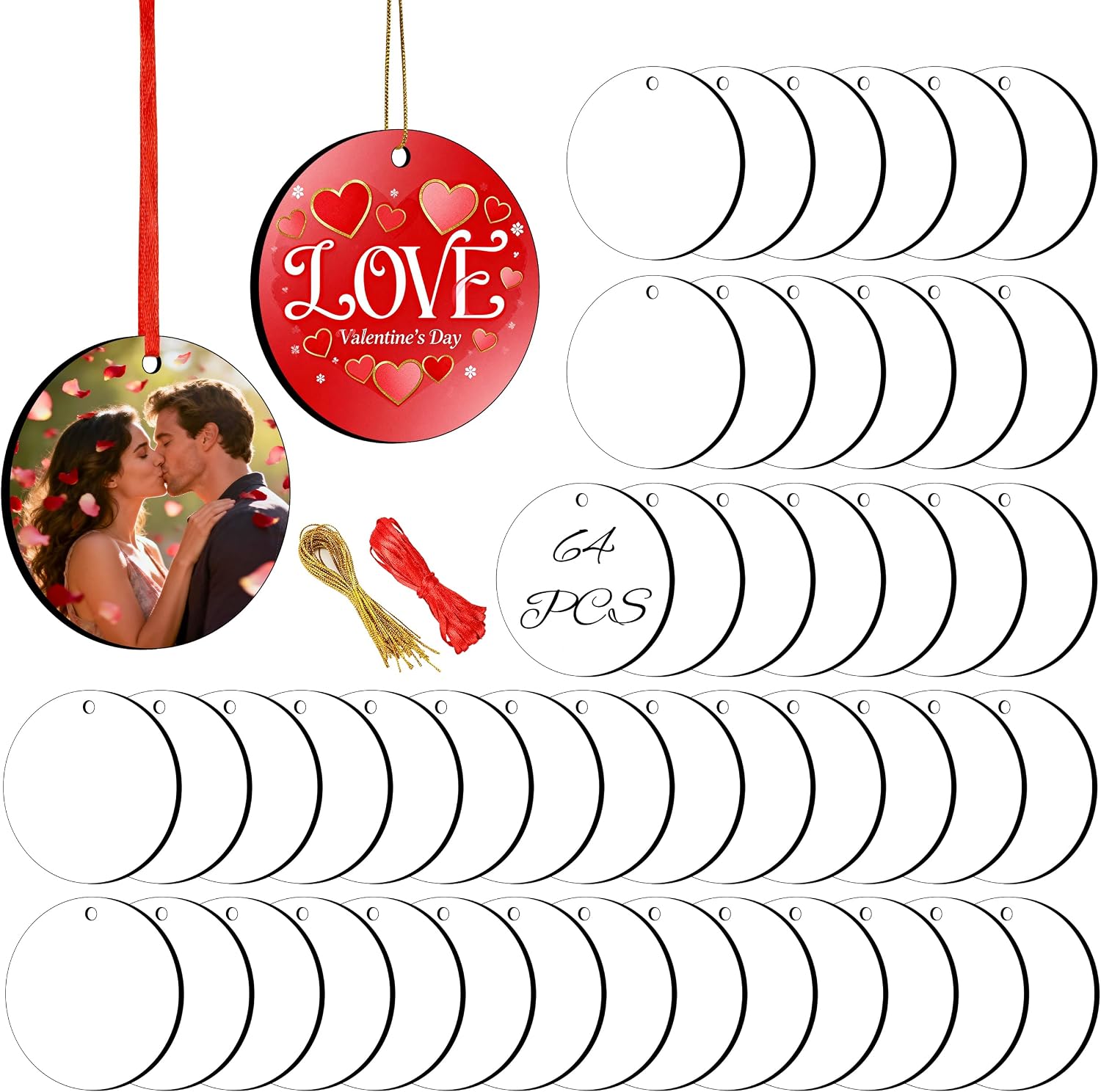 Joyclub 64 Pack 3'' Sublimation Ornament Blanks, Round Double Sided White Ornaments with Gold Red Cords, Bulk Sublimation Blanks for Christmas Tree, Classroom Gifts, Fundraisers, Small Business Orders
