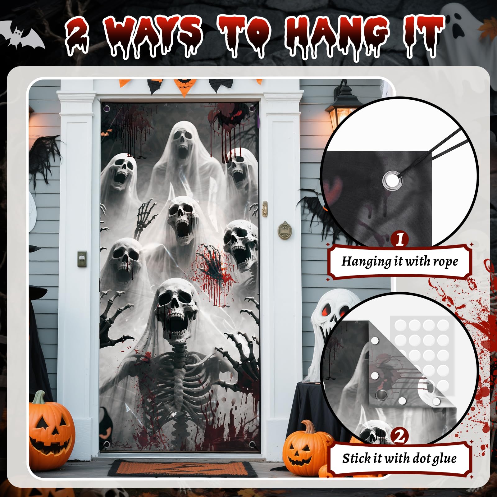 Halloween Door Cover, 79 * 35inch Scary Skeleton Zombie Halloween Door Decorations Horrie Door Sign Banner for Halloweens Haunted House Props Front Door Wall Party Decor