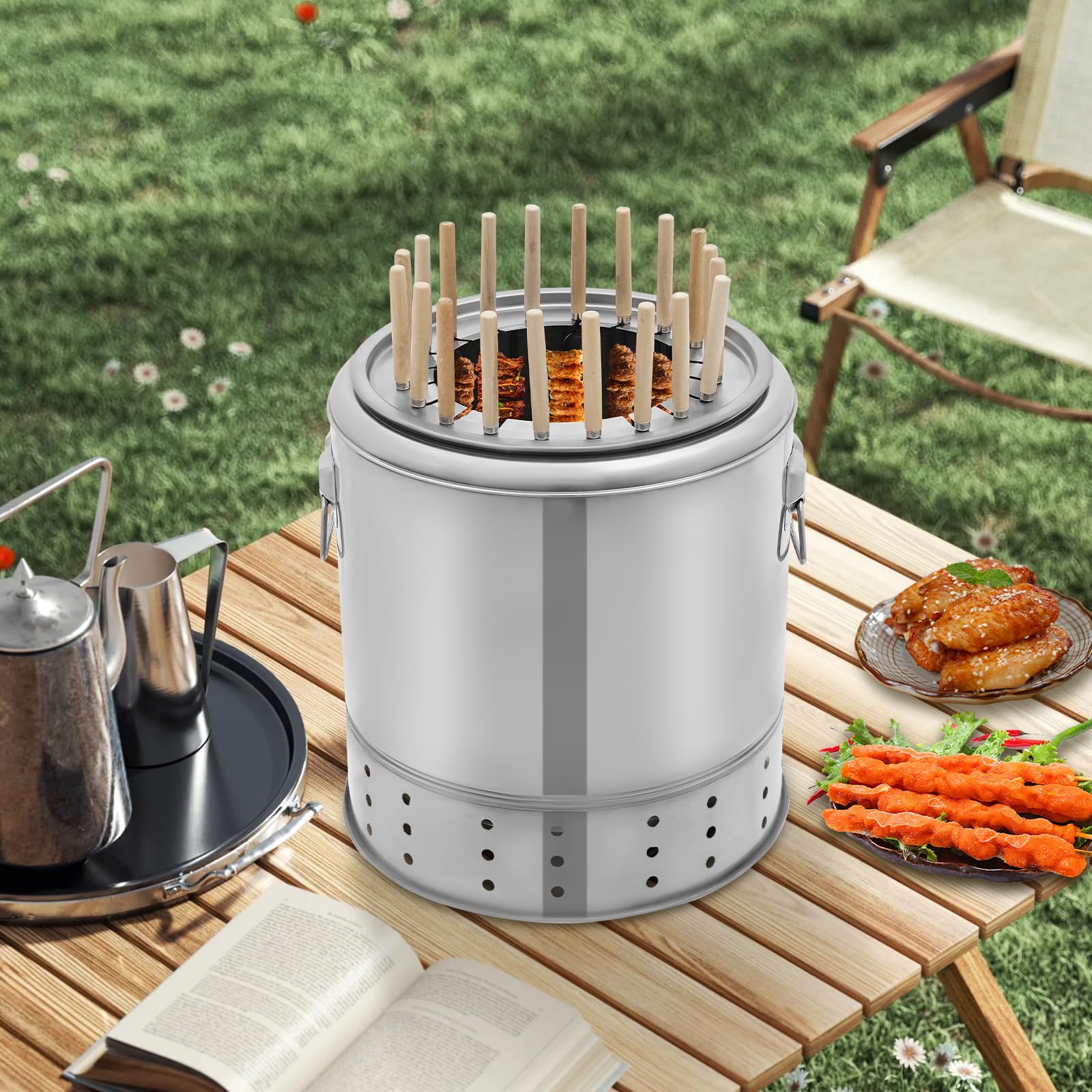 KOLHGNSE Portable Charcoal Grill Barrel 20 Skewers, Hanging Kebab BBQ Smoker Ash Catcher Camping Cooking System