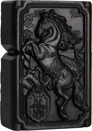 Caja de Shell tallada madera negra de ébano natural para módulo Zippo (caballo rico)
