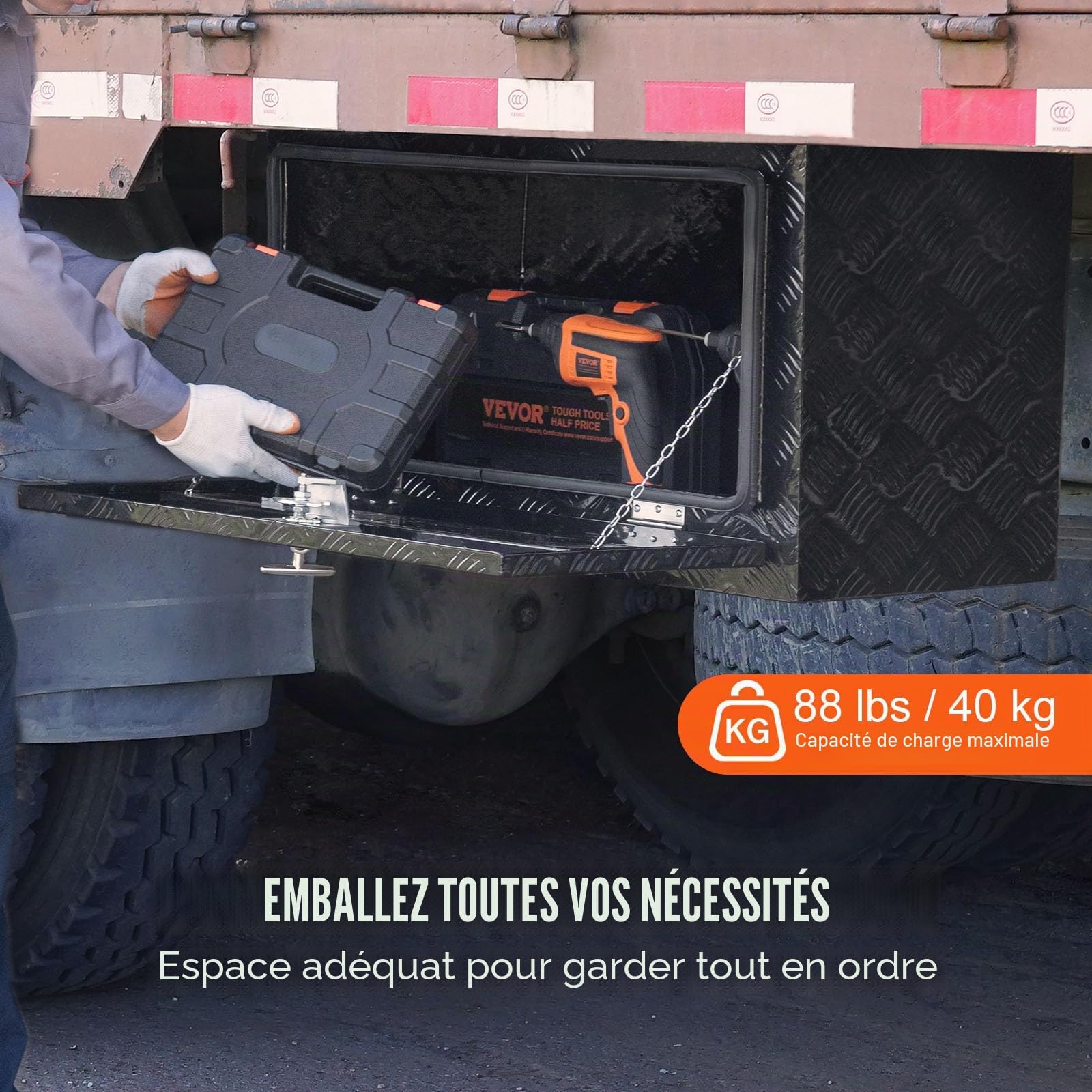 VEVOR Boîte à Outils pour Camion 91,4x43,2x45,7 cm, Coffre Sous-Châssis Fixation Inférieure, Caisse de Stockage en Aluminium avec Serrure et Clés, Étanche, pour Remorques Pick-up Fourgonnettes