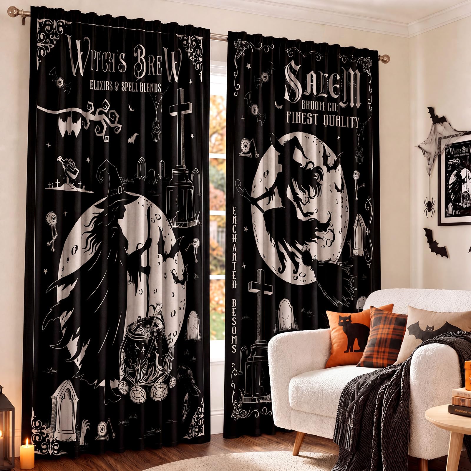 SmoothNovelty 2 Pcs Halloween Curtains for Living Room Gothic Black Witch