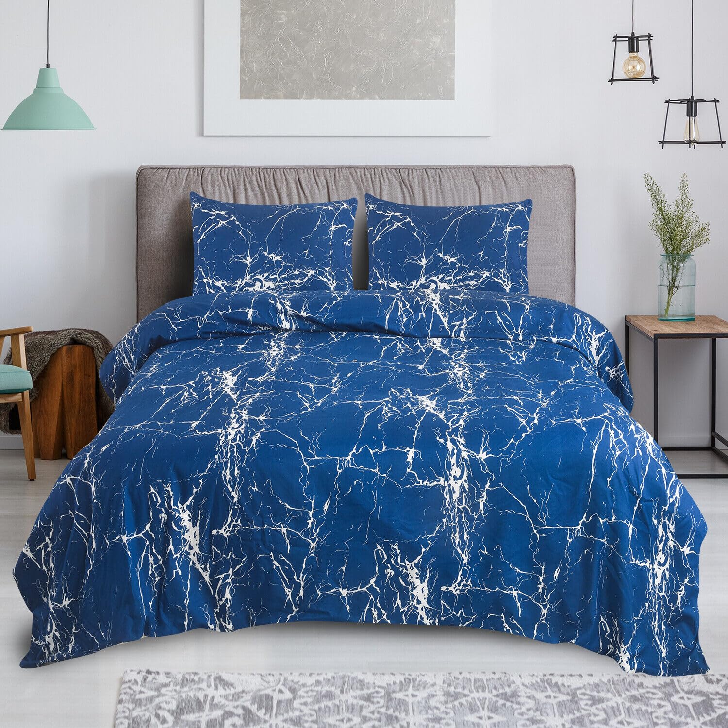 CHARKHAH 4 Piece Reversible Printed Bedding Set Includes 1 Duvet Cover, 1 Deep Fitted Sheet & 2 Pillowcases – Soft Microfibre Easy Care Quilt Cover Set for All Seasons (Marble Blue, Super King) — image 1