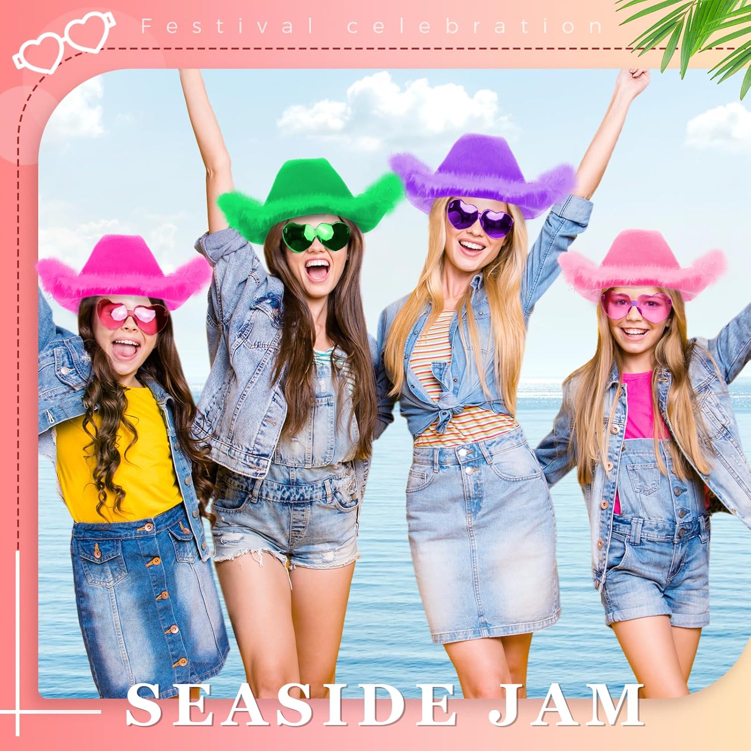 Haysandy 12 Pcs Holographic Space Cowgirl Hat with Rimless Sunglasses Neon Sparkly Cowboy Hat and Heart Sunglasses for Women (Multiple Colors,Feather)