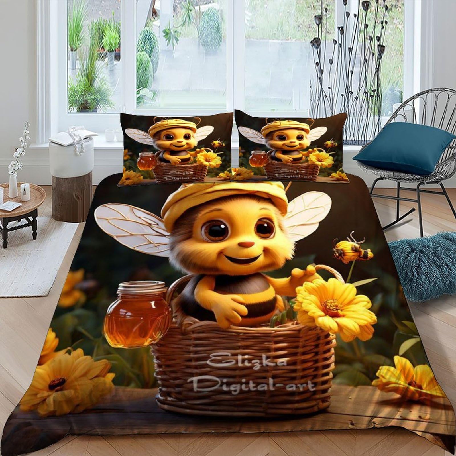 Housse de couette abeille 3 pièces 220x240 en microfibre avec 2 taies d'oreiller
