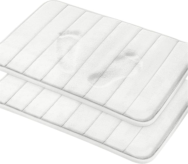 Utopia Home Memory Foam Bathmat 2 Pack White 50x80 cm Highly Absorbent, Non-Slip Back, Coral Fleece Softness