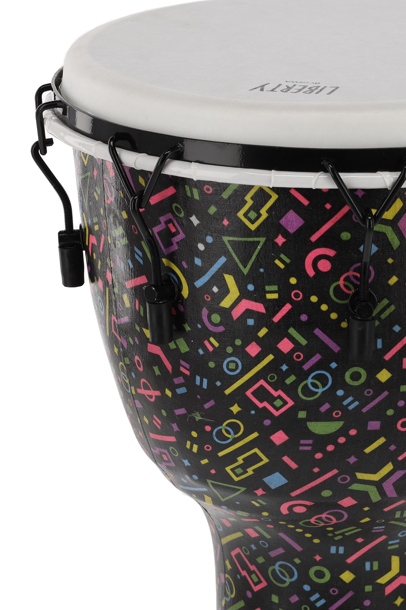 GEWA Liberty Djembé accordage mécanique (tirants) - Diamètre : 14" (35,5 cm) - Hauteur : 27" (68 cm) - Nombre de crochets : 8 - Motif : Crazy Neon