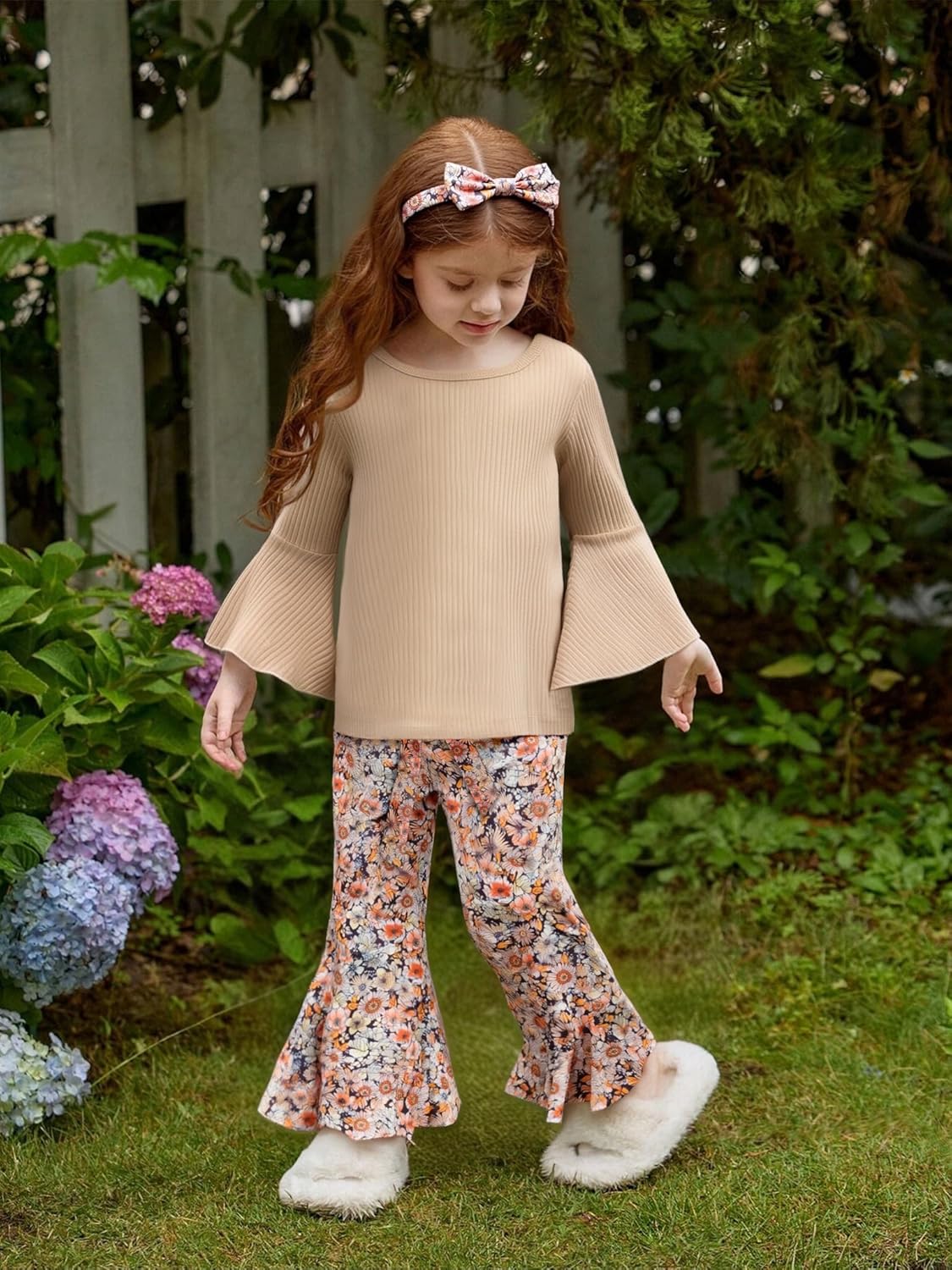 oklady Toddler Girl Clothes Ruffle Flared Top Floral Bell Bottom Pants Baby Girls Fall Winter Outfits 12M-6Y - Image 2