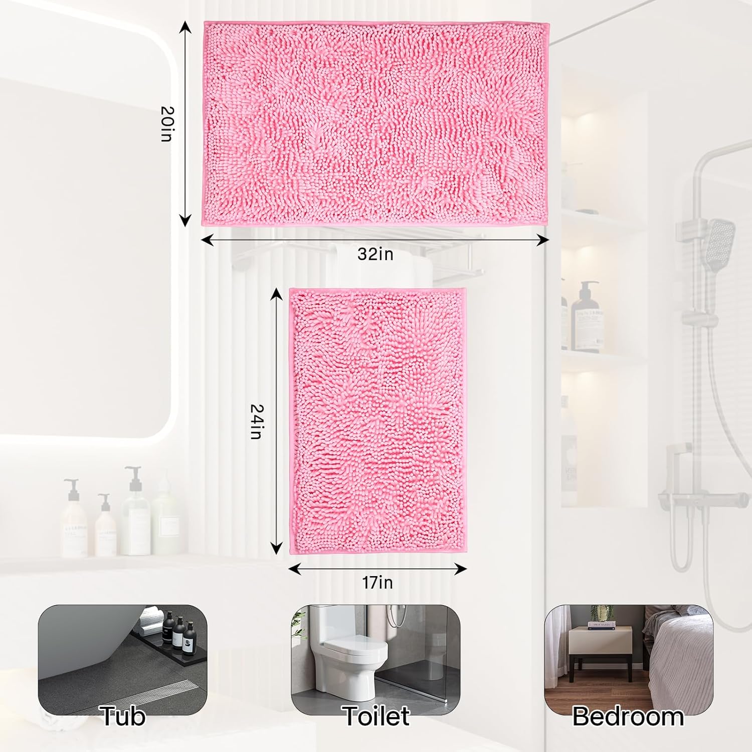 Bathroom Rugs Sets 2 Piece Washable, Luxury ，Chenille Bath Mat Set, Soft Plush Anti-Slip Rectangular Bath， Rug Super Absorbent. (Pink, 32"x20"+24"x16") - Image 2