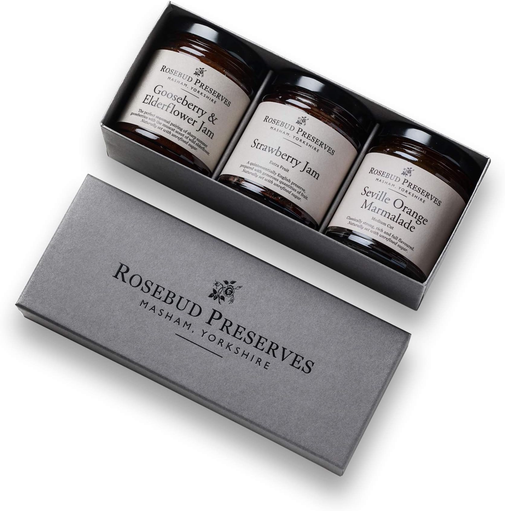 Rosebud Preserves | Sweet Preserves Gift Box | Gooseberry & Elderflower Jam | Strawberry Jam | Seville Orange Marmalade | Delightful Treat | Vegan and Vegetarian | Gluten & Allergen Free | 594 g
