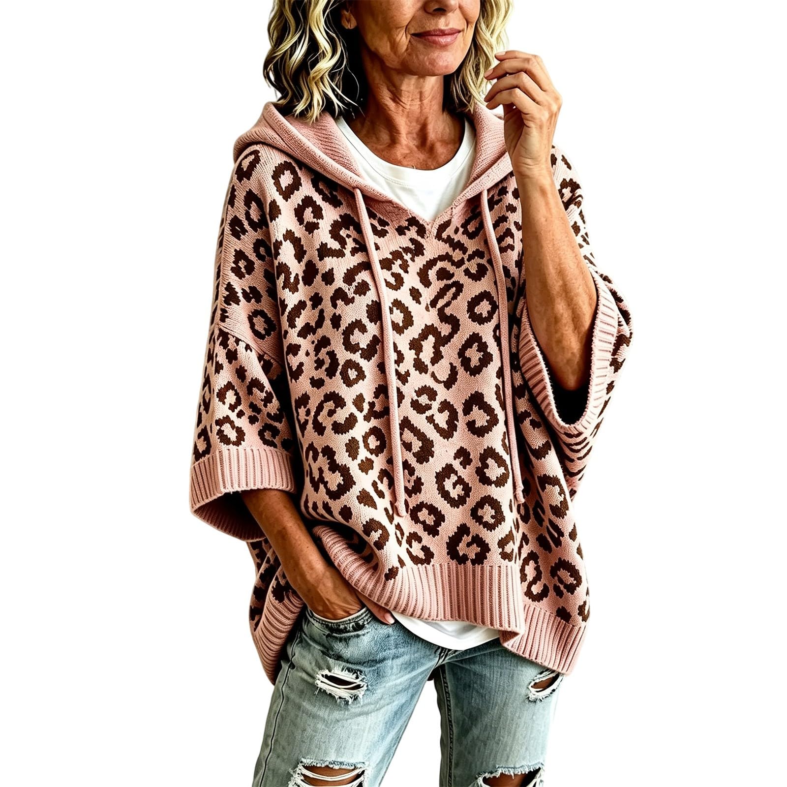 Pullover Damen Herbst Strick Hoodie Oversize Mit Print Sweatshirts 3/4 Arm