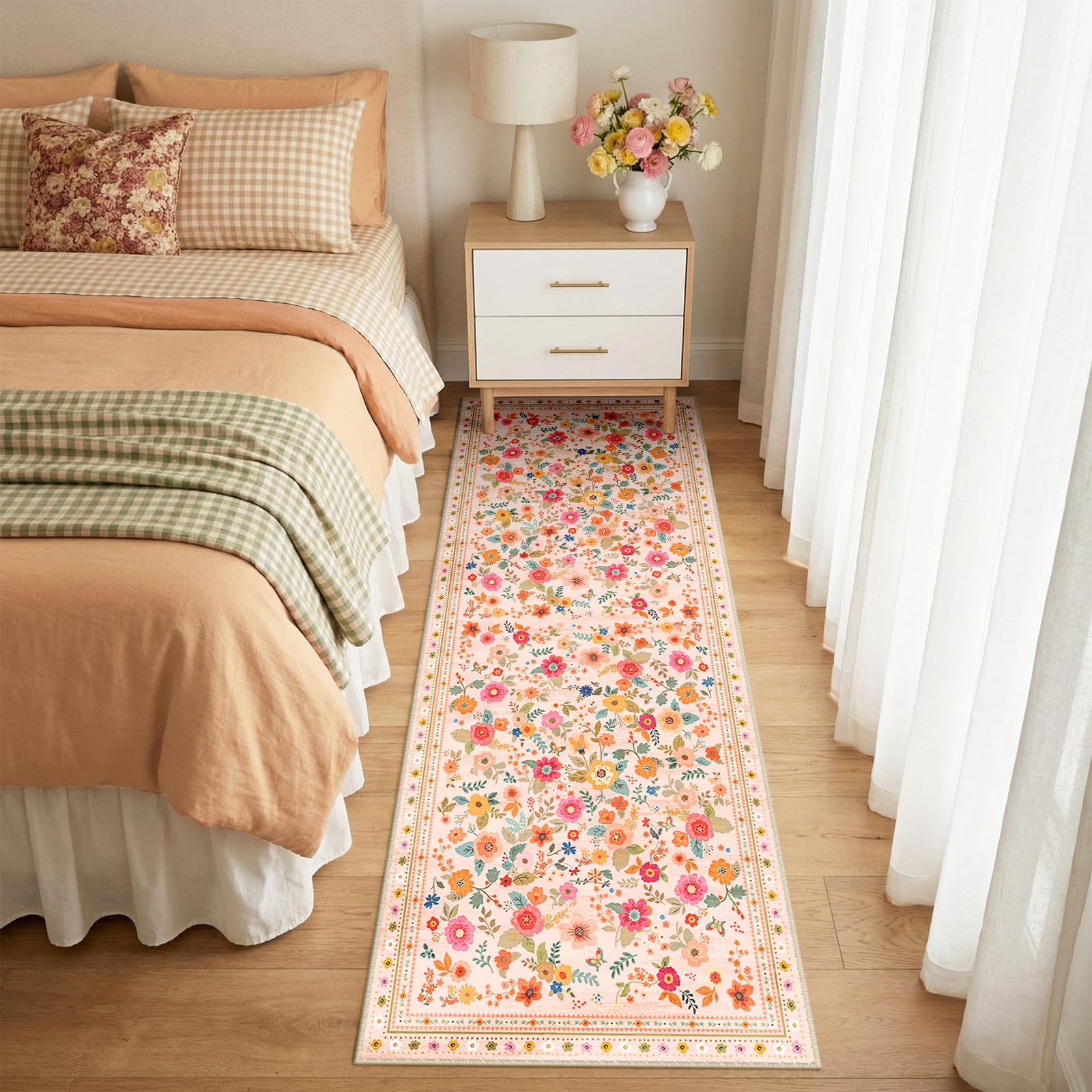 INOVADAY Washable Rug Floral Print 60x180 cm Pink/Beige Hallway Runner Rug