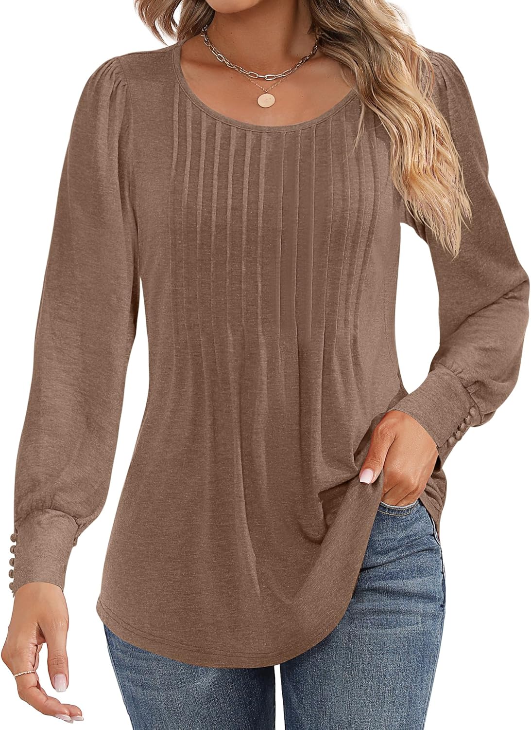 Ficerd Women's Puff Long Sleeve Tunic Tops Pleated Crew Neck Blouses Dressy Casual Loose Fit Fall and Winter Shirts