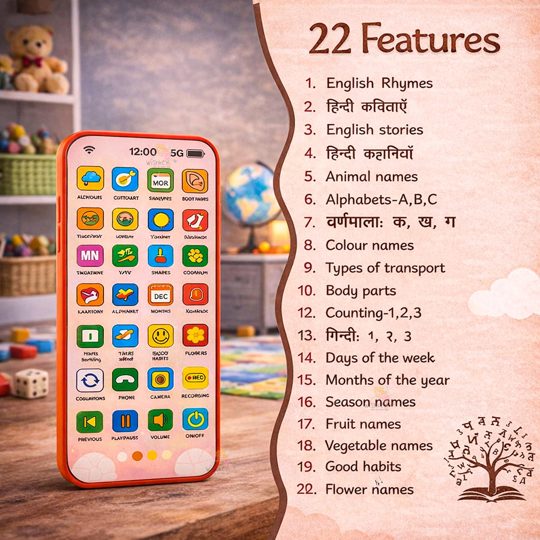 Wishkey Edu Phone for Kids Unicorn Theme 28 Functions Rechargeable USB Cable Not Included Learning Mobile Toy with 22 Features English & Hindi Language Toddler Learning Phone for Boys & Girls Age 2+ 3