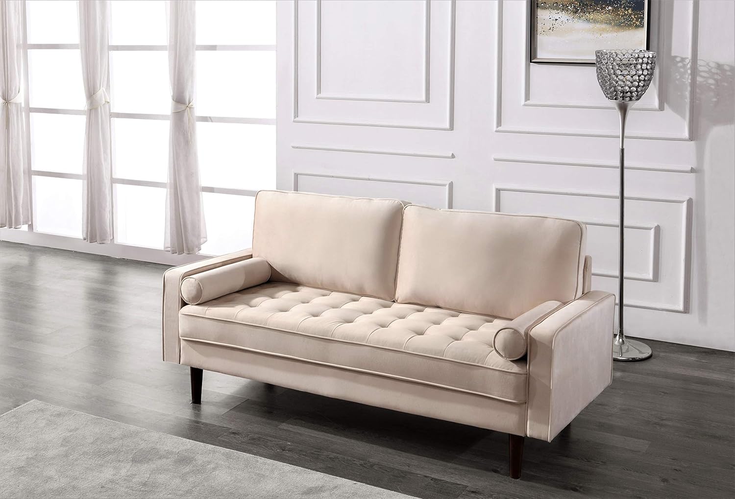 Womble Mid Century Modern Velvet Upholstered Tufted Seat with Bolster Pillows, Sofa, Beige