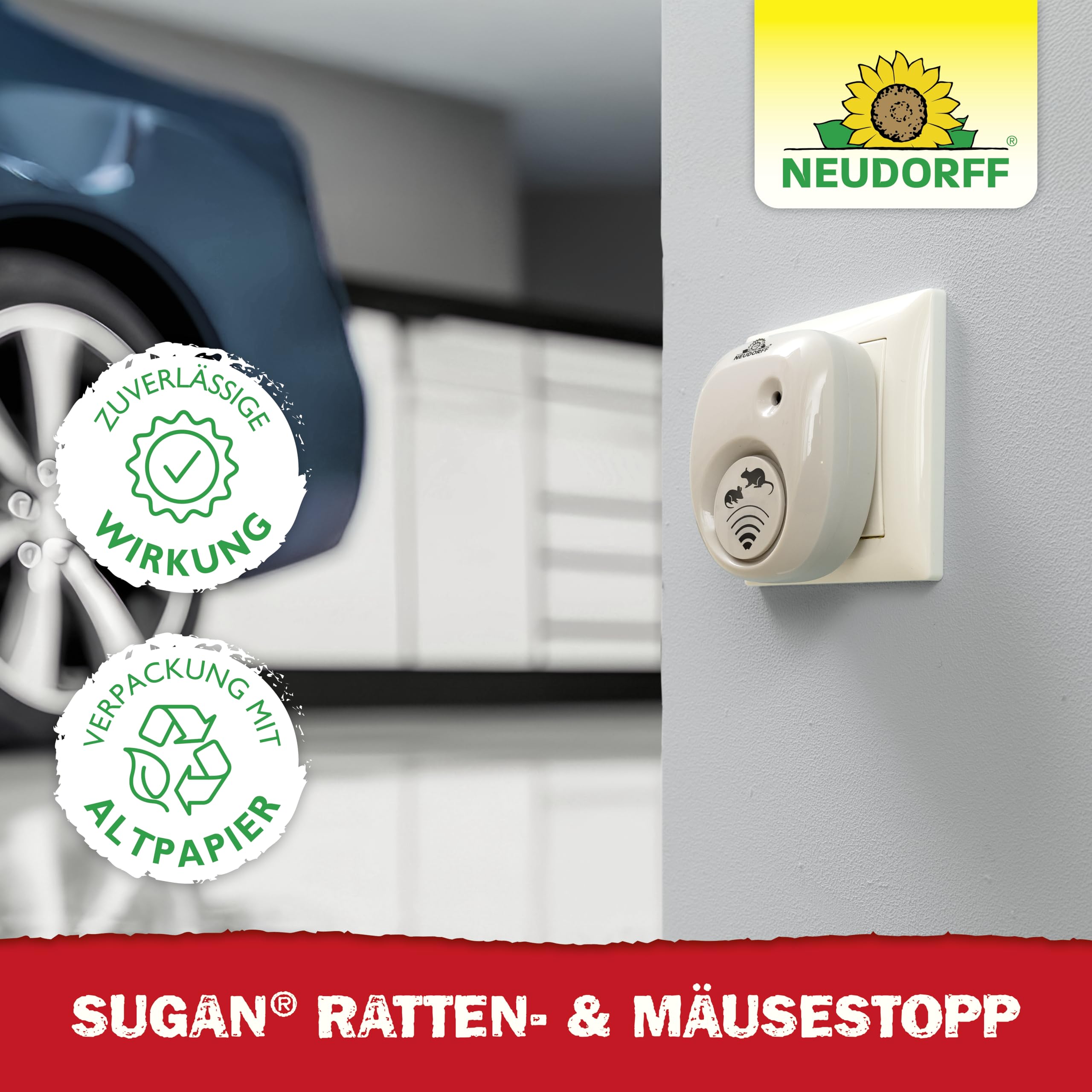 Neudorff Sugan Ratten- und MäuseStopp 30 m² - Ultraschall vertreibt Ratten und Mäuse sofort und dauerhaft aus Haus, Keller und Garage. Anti Gewöhnungseffekt, 1 Stück