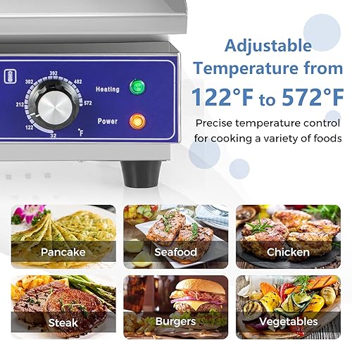 Miniatura 3 de KOTEK Plancha eléctrica comercial, 2000 W 22 pulgadas, marco de acero inoxidable y bandeja de goteo, control de temperatura ajustable de 122 a 572