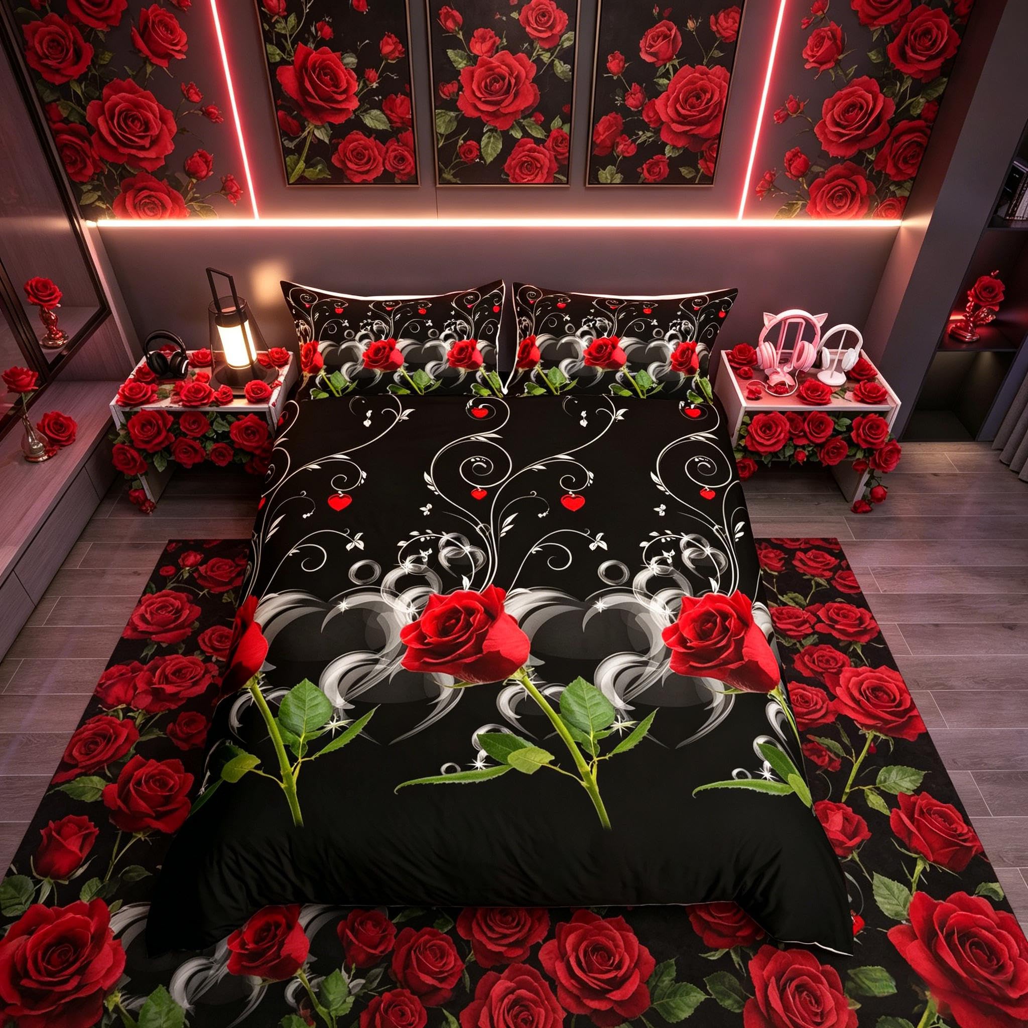 Loussiesd Rose Bedding Set 3D Design Floral Printed Duvet Cover for Girls Women Love Heart Comforter Cover Junior/Cot Bed Size with 1 Pillowcases Red Rose Black White Romantic Theme Bedspread