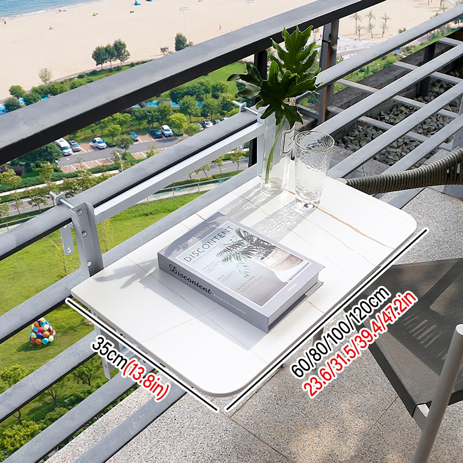 Tavolo da Balcone Pieghevole Regolabile, bancone da Bar da Esterno a Parete per Patio e Giardino, Tavolo salvaspazio con ringhiera, Bianco (60x35 cm/23,6x13,7 Pollici)
