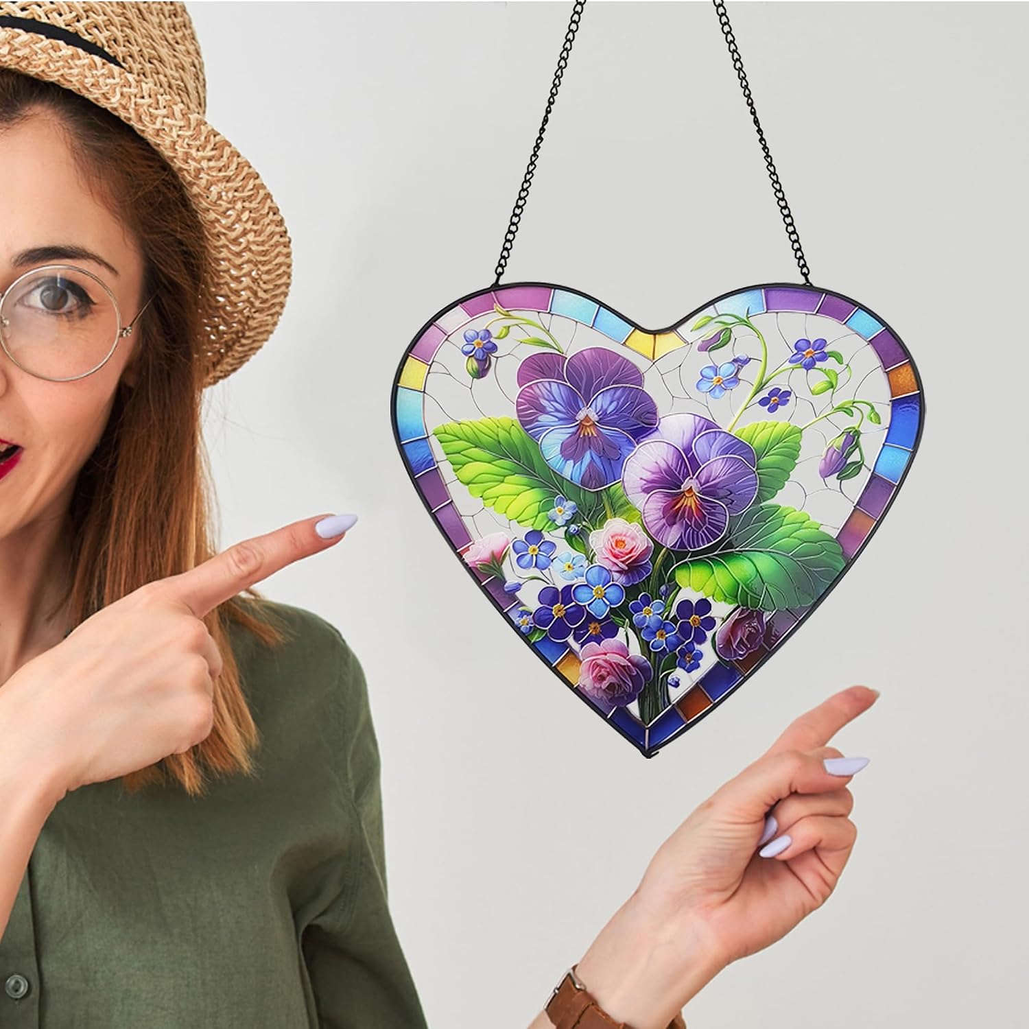 Pansy & Rose Stained Glass Window Hanging, 9.8'' Sun Catcher Glass Panel Floral Wall Art Decor with Chain, Handcrafted Heart - Shaped Glass Gifts for Lovers, Housewarming Gift(Pansy & Rose)