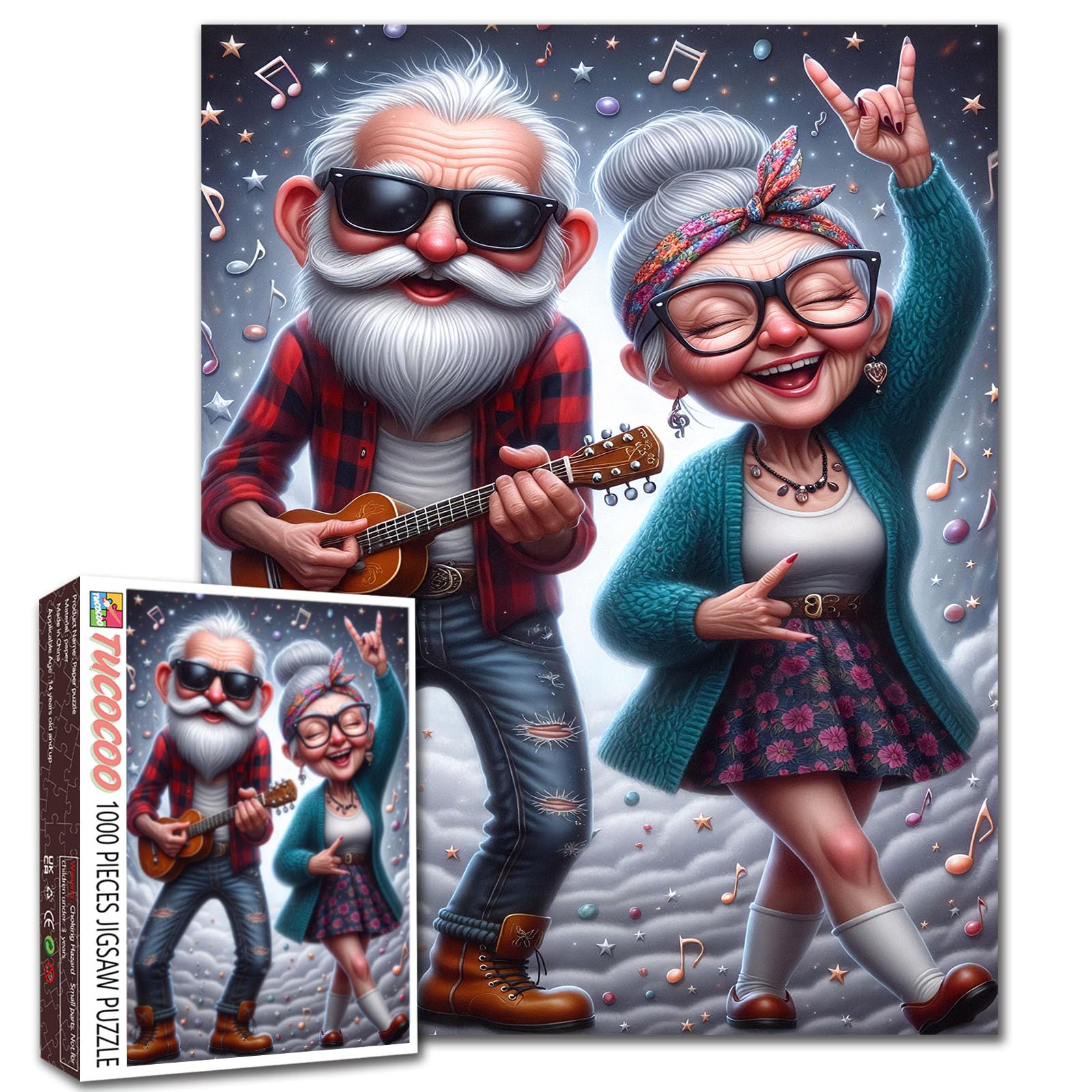Rock Senior Couple Jigsaw Puzzle – 1000 Piece Funny Puzzle for Adults with Guitar, Music…