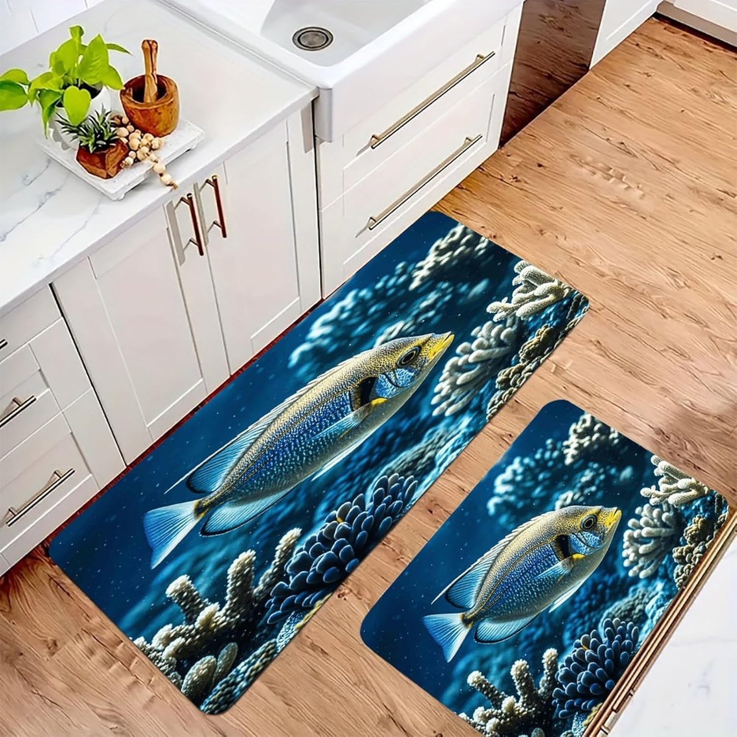 Ocean Fish Kitchen Mat Set of 2 Ergonomic Comfort Velvet Rugs Cushioned Anti-Fatigue Non-Slip Standing Mats Thick Kitchen Floor Mat Carpet Runner Rugs 16"×24"+17"×47"