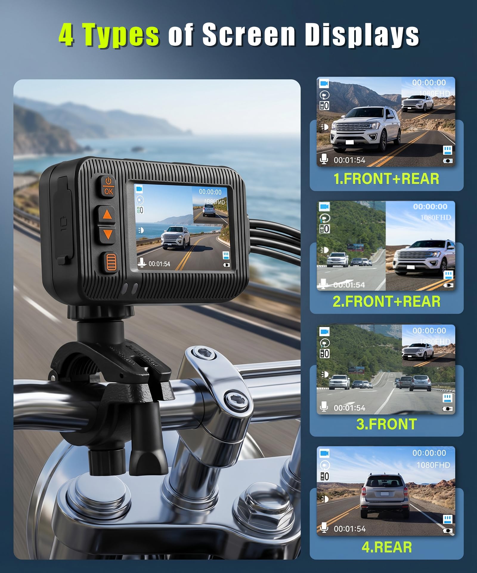 Rimoody Dashcam per Moto 1080P con Due Telecamere, 2" Schermo, Telecamera a Doppia Lente Anteriore e Posteriore, IP67 Impermeabile, Visione Notturna, G-Sensor, Loop Video, Monitoraggio di Parcheggio