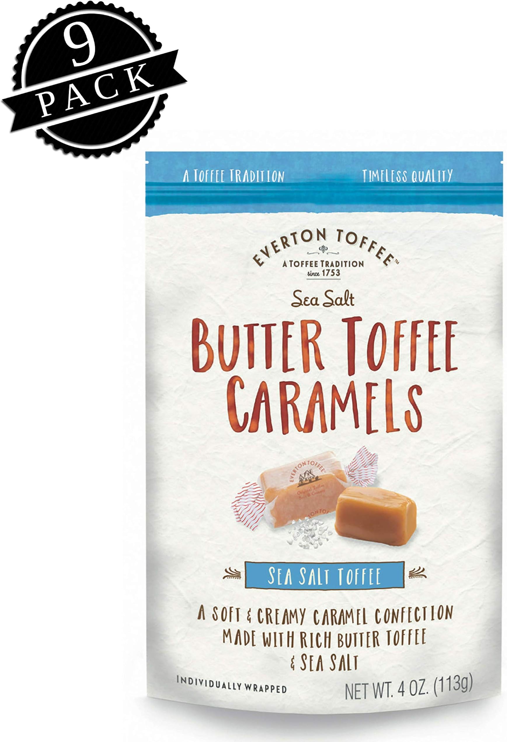Everton Toffee Butter Toffee Caramels, Sea Salt Flavor (4 oz. bag, 9-pack). Gourmet, Artisan Soft and Creamy Toffee Caramels, Small Batch Crafted Carmel Candy Treats