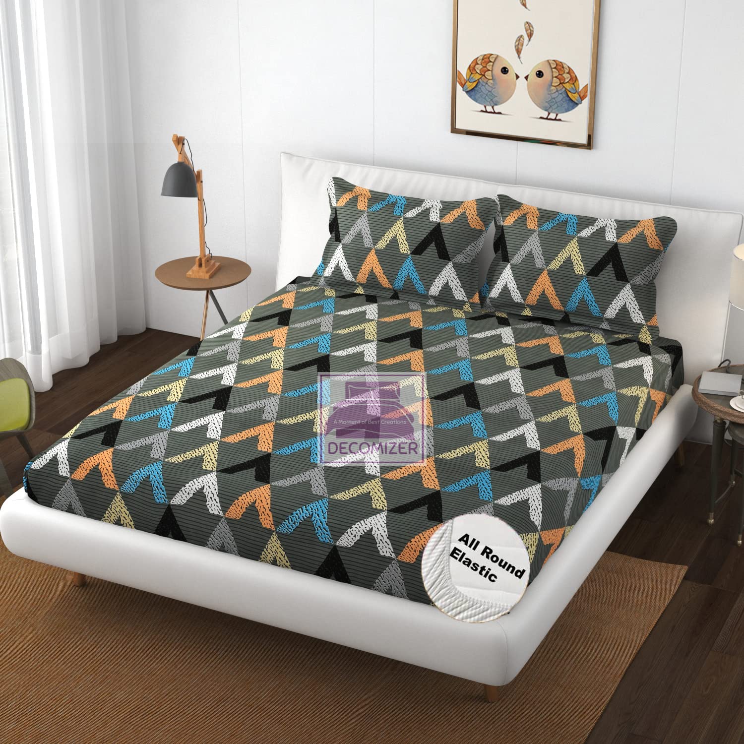 DECOMIZER Cotton 300 TC Feel All Around Elastic Fitted Glace Printed Queen Size Double Bed Bedsheet With 2 Large Pillow Covers Fits Upto Mattress Of 8 Inches,Size-60X78X10 Inches,Design-Grey Arrow