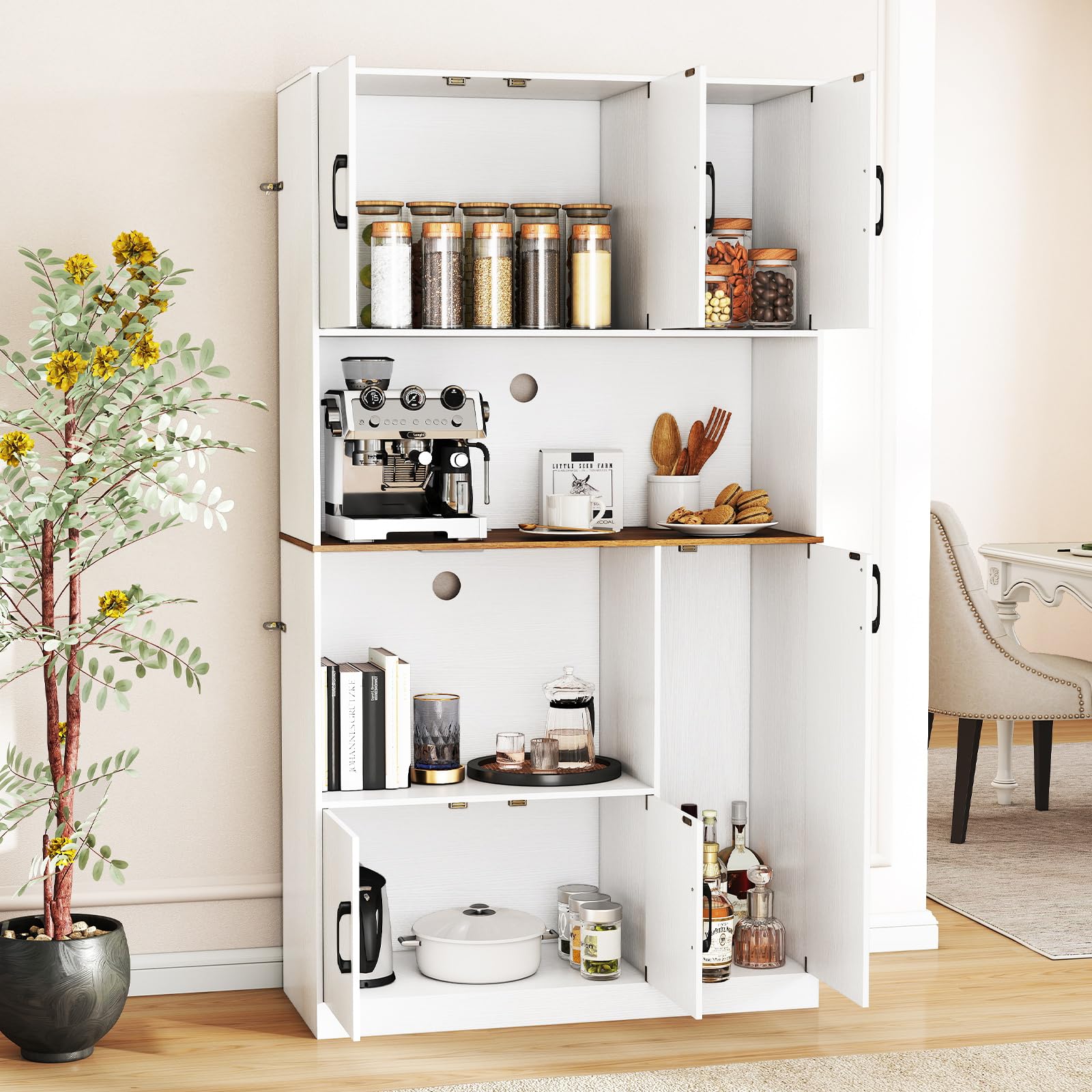 COSTWAY Armoire Cuisine Rangement 180 CM avec Prise, Buffet Vaisselier Cuisine 4 Placards, Plan de Travail, Support Micro-Ondes, Moderne, Meuble Rangement pour Salle à Manger, Salon (Blanc)