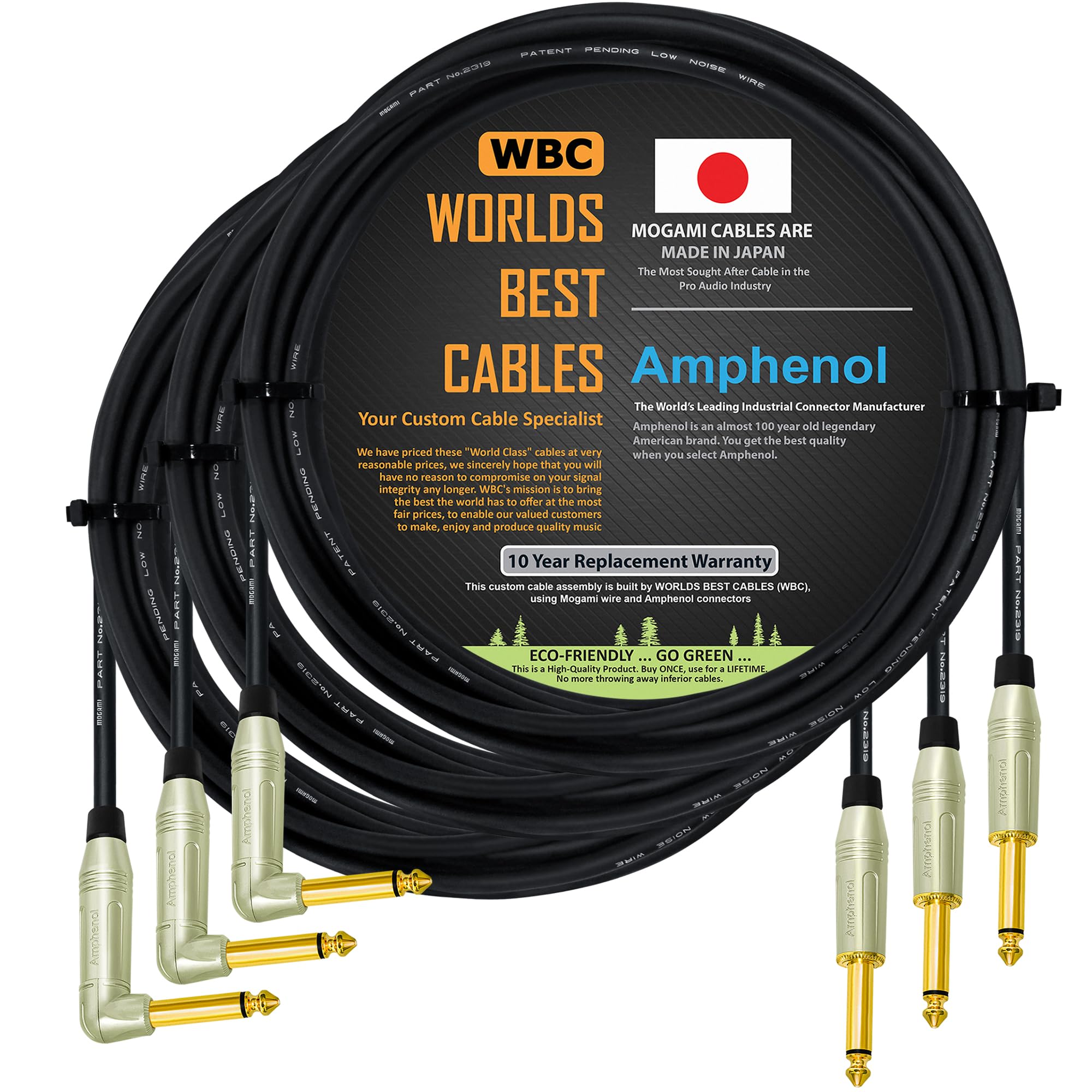WORLDS BEST CABLES 3 Units - 10 Foot - Pedal, Effects, Patch, Instrument Cable Custom Made Using Mogami 2319 Wire & Amphenol ACPM-RN-AU & ACPM-GN-AU M-Series Angled & Straight Gold TS Plugs