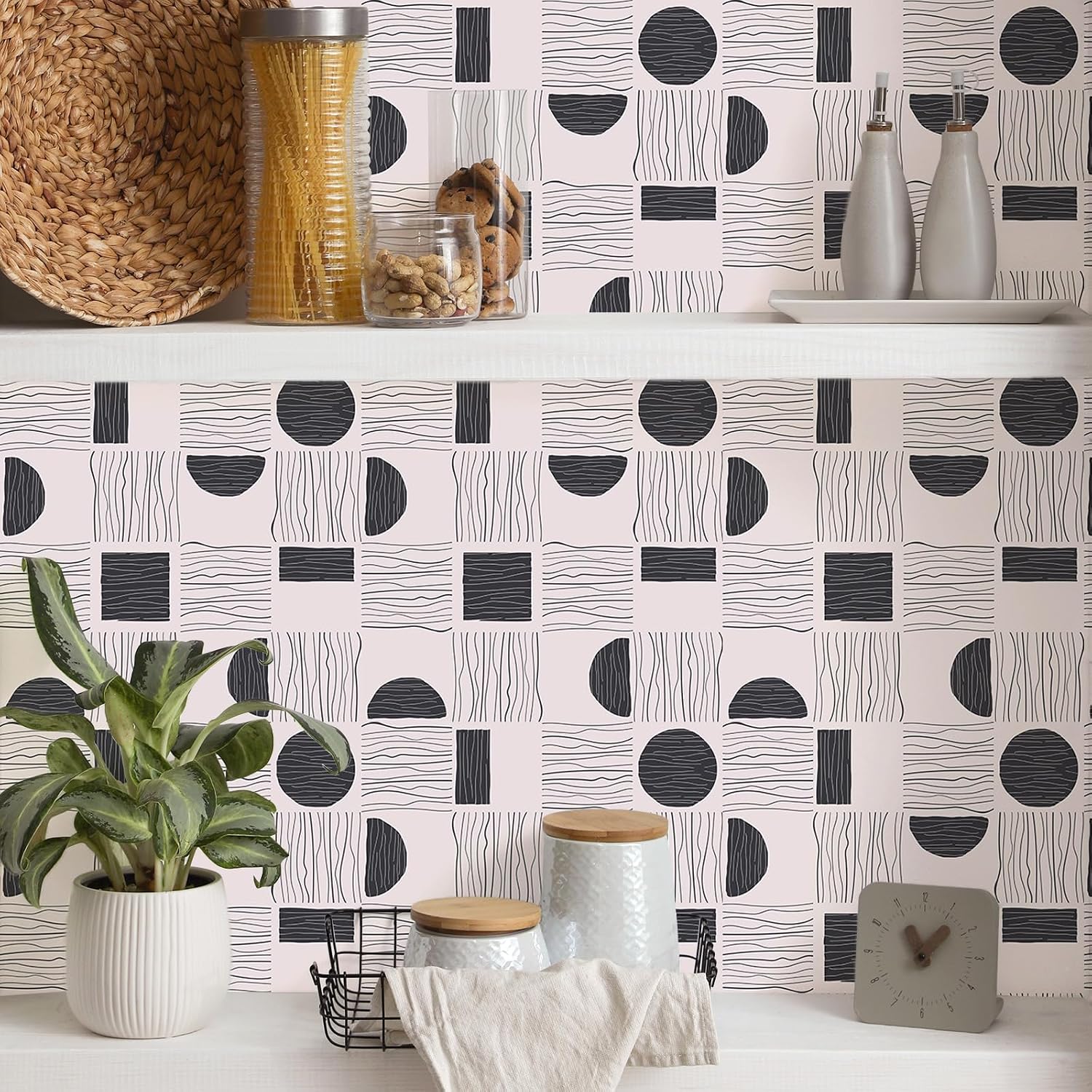 CRE8TIVE Abstract Geometric Peel and Stick Wallpaper Line Circle Semicircle Rectangular Square Black Beige Contact Paper for Cabinets Accent Walls 12"x118" Self Adhesive Minimalist Geometric Wallpaper