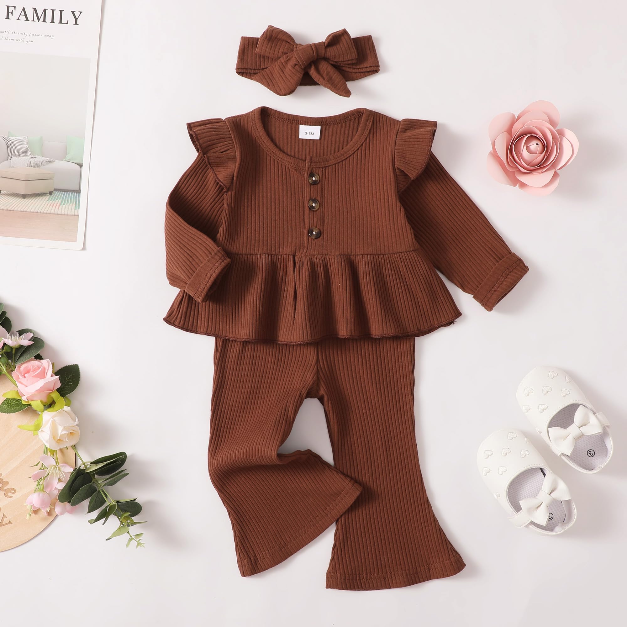 Bebé Niña Ropa De Verano Otoño Trajes De La Manga De Volante Tops De Algodón Pantalones Sólidos Bebé Niña Trajes Conjunto