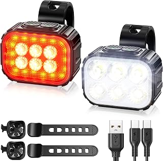 Bike Lights Set, Ultra Bright 6 LED Front and Back Rear Bicycle Light, Double Switch Control USB Rechargeable Double Switch Cycling Lights, IP65 Waterproof Mountain Road Cycle Headlight and Taillight Set for Men Women Kids (8/12 Modes)