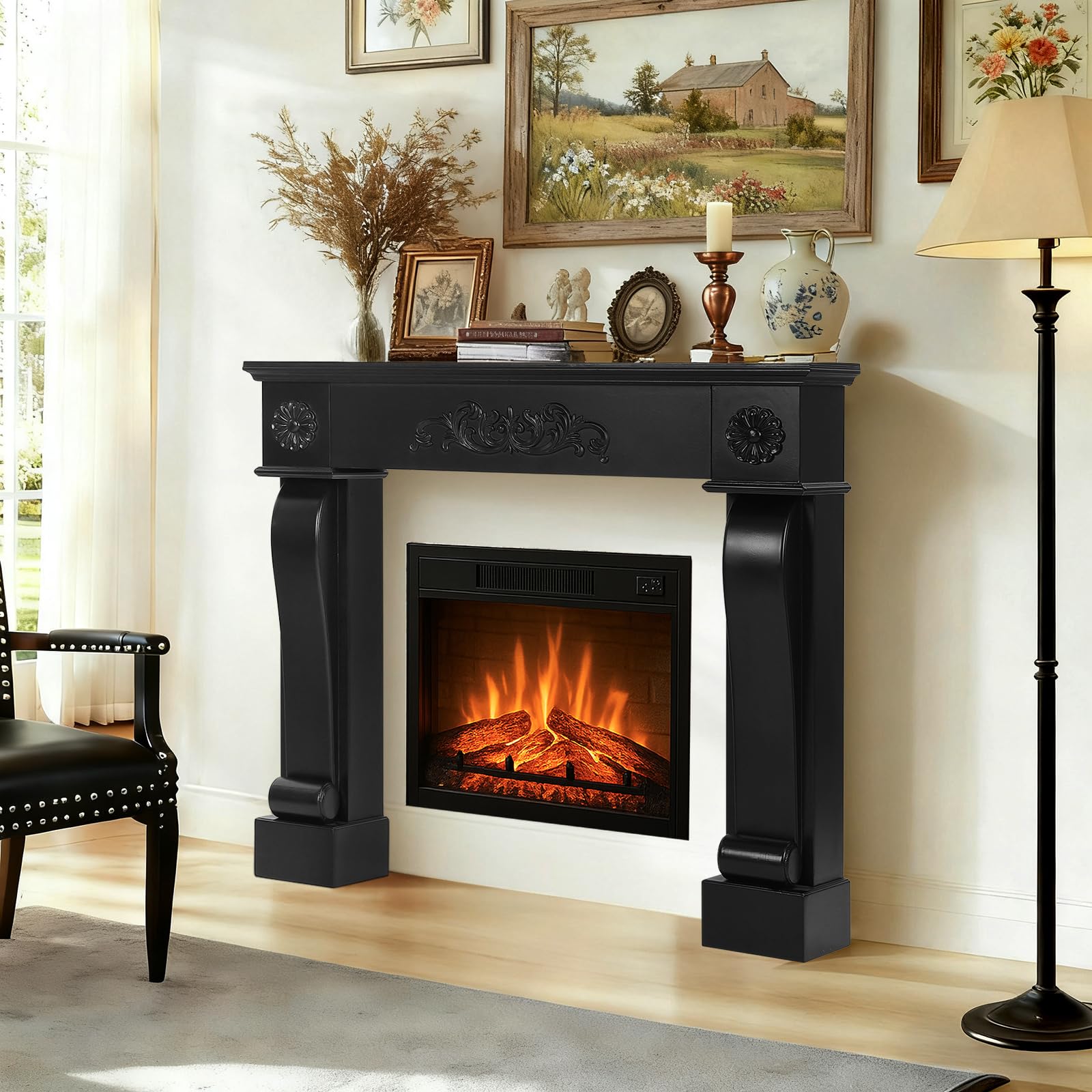 Modern Fireplace Mantel Surround, Decorative Wooden Freestanding Mantel for Electric Fireplace, Waterproof &amp; Anti-Tipping, Premium MDF Mantel with Leg for Living Room, Black
