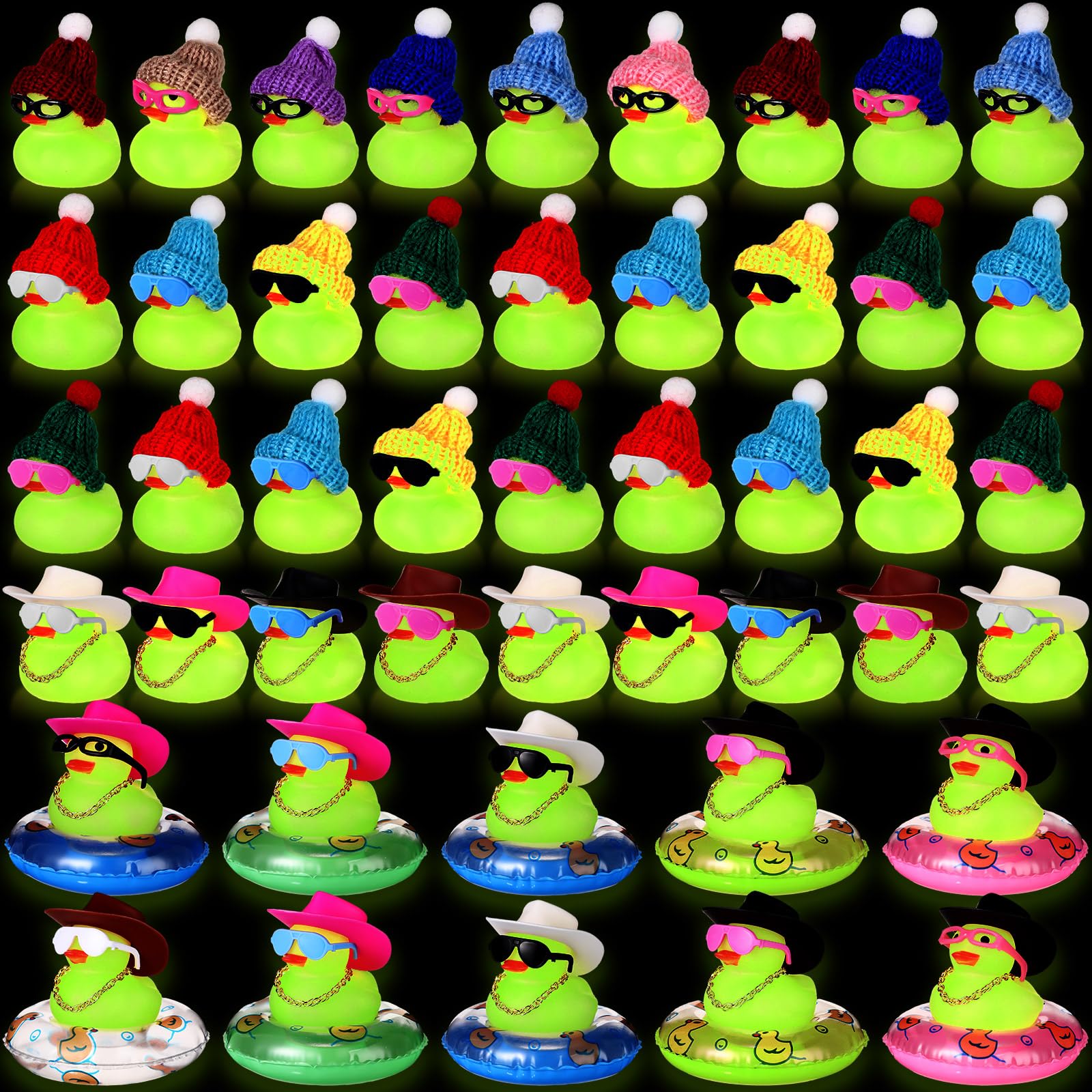 Sratte 140 Pcs Glow in The Dark Rubber Ducks Summer Mini Luminous Light Up Bulk Fluorescent Bath Toy Assorted Duck Sunglasses Necklace Swim Circle Hat for Baby Shower Party Gift