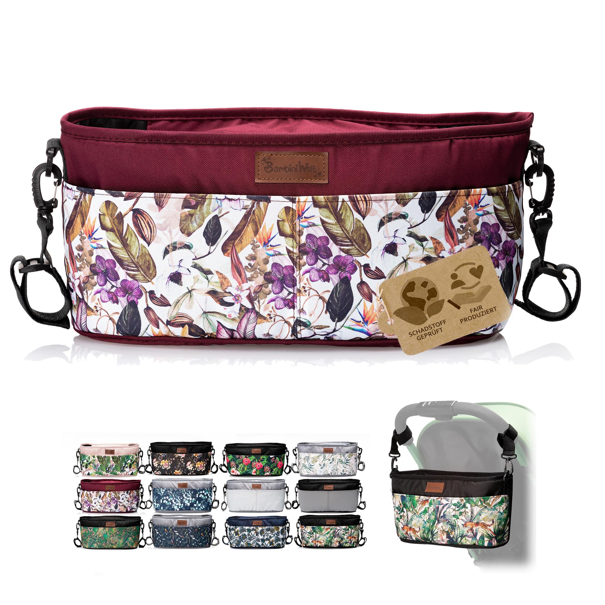 BambiniWelt Kinderwagen Organizer – Wickeltasche mit Getränkehalter & Reißverschluss, kompakte Buggy Tasche aus wasserabweisendem Mikrofaserstoff, leicht, stylisch & praktisch, Muster: Modell 8