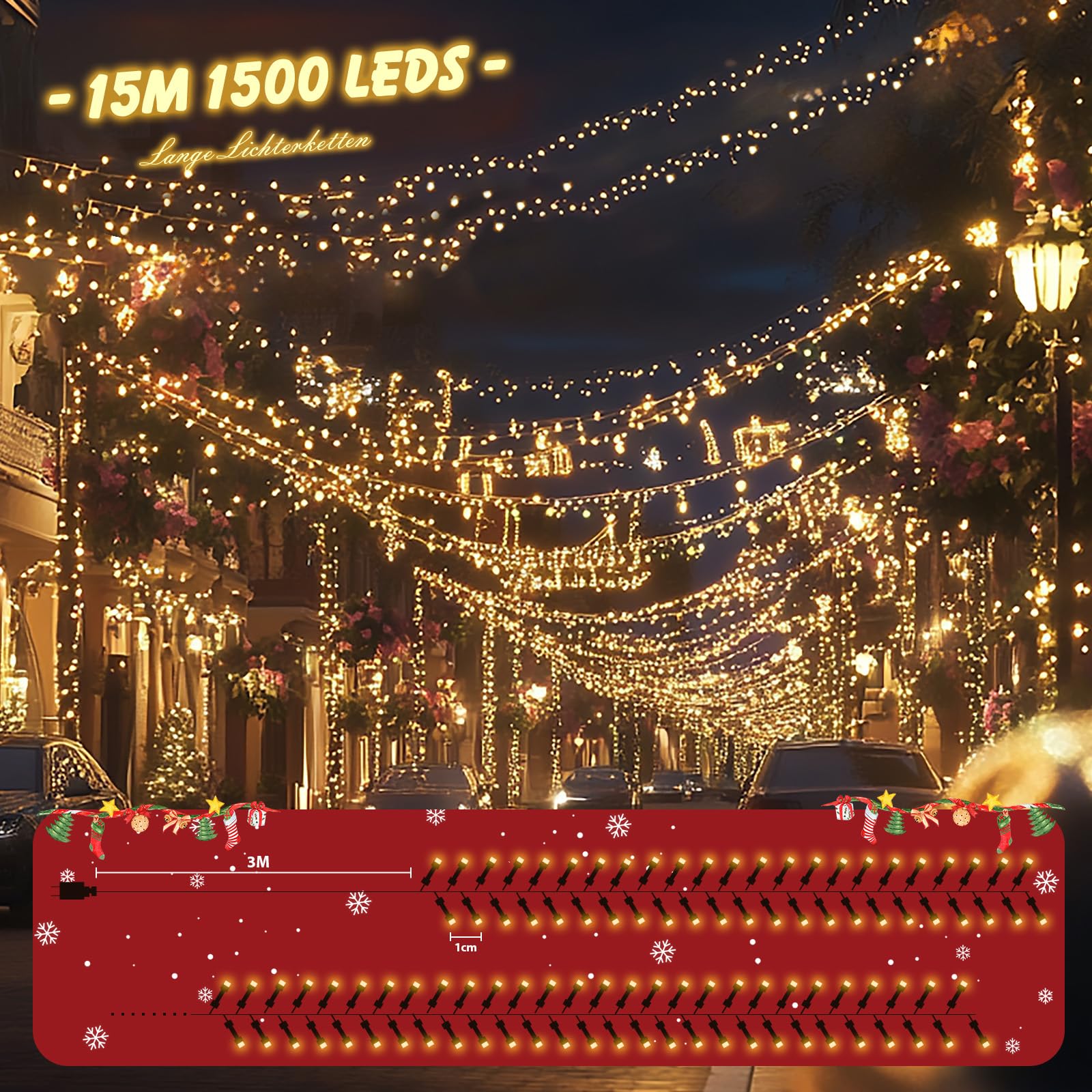 SALCAR Catena Luminosa a Grappolo, 1500LED 15M Luci Natale Esterno con 8 Modalità, Impermeabile IP44 Luci Natalizie Decorative per Albero Natale Giardino Interno Patio Festa Casa, Bianco Caldo