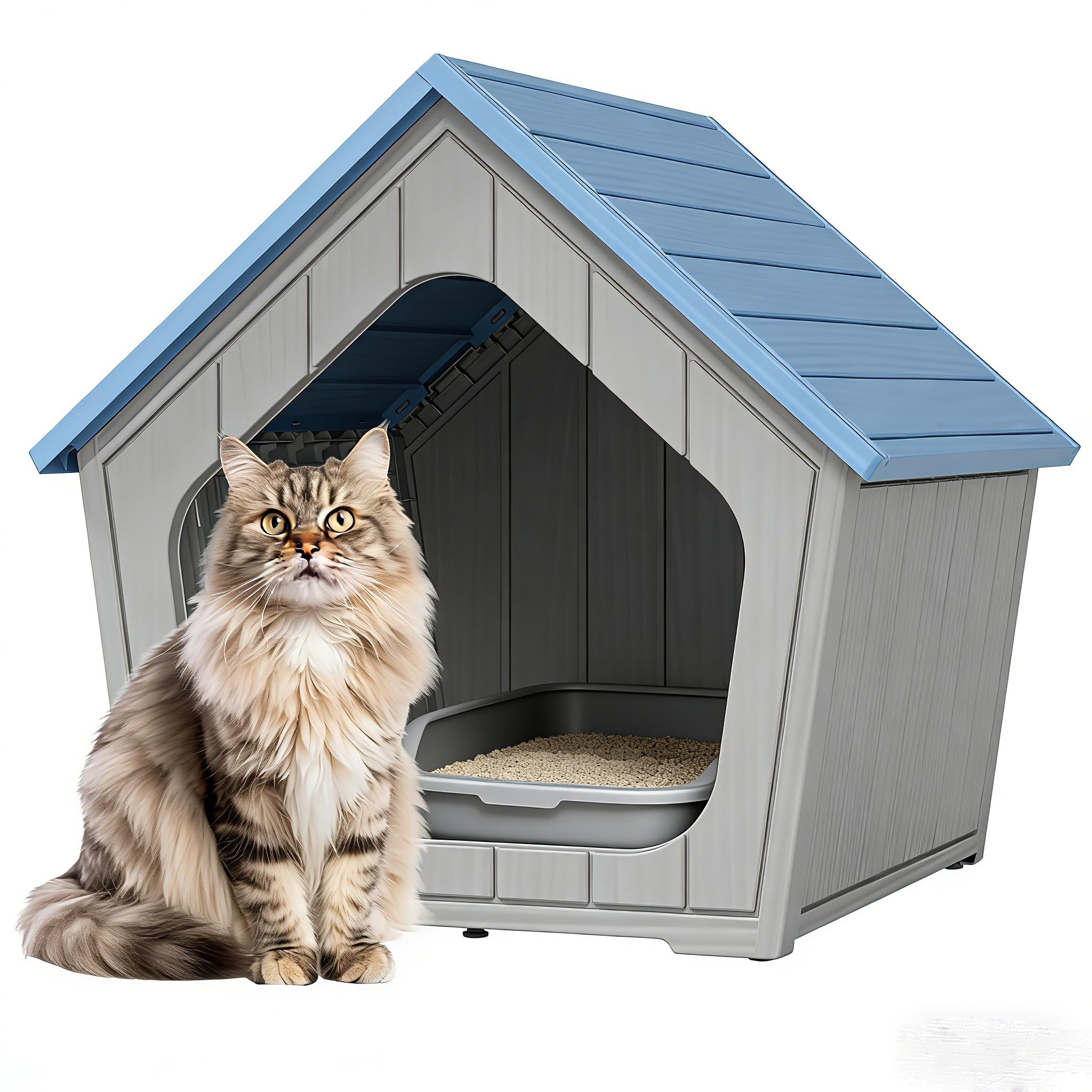 Cat Litter Box Enclosure, Resin Enclosed Litter Box Furniture with Air Holes, Outdoor Cat House Weatherproof, Wide Opening Design for Easy Cleaning, Blue
