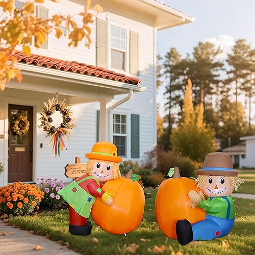 Miniatura 8 de Lulu Home Decoración inflable de Acción de Gracias, juego de 2 espantapájaros soplados por aire para parejas con luces LED integradas para