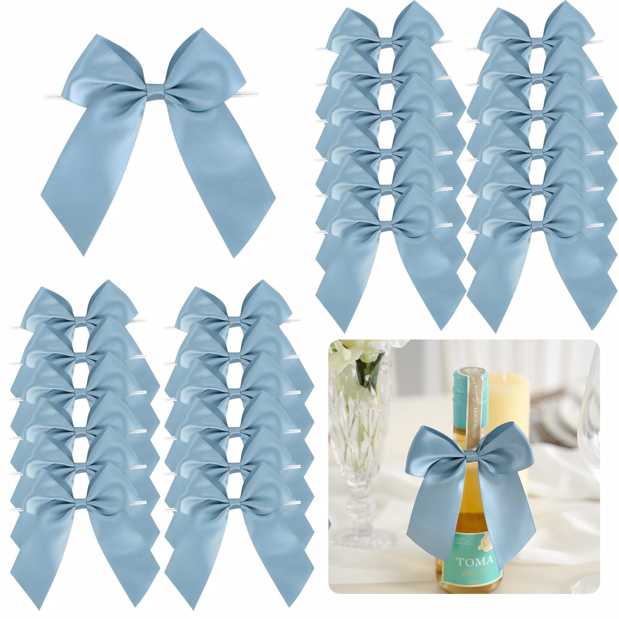 LiBongTa 4.5" Satin Ribbon Dusty Blue Bows for Gift Wrapping, Twist Tie Bows, Cute Bows for Crafts, Party Favors, Premade Bows Pre-Tied Decorative