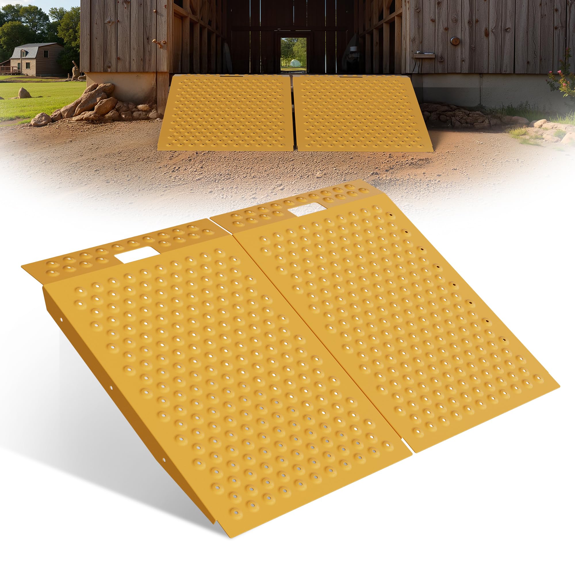 VNN 36" x 48" Shed Ramp for Riding Mower - 1500 LB Capacity Shed Ramps, Anti-Slip Punch Plate Ramp for ATV, Motorcycles, Garages &amp; Barns (2PC, Yellow, Alloy)