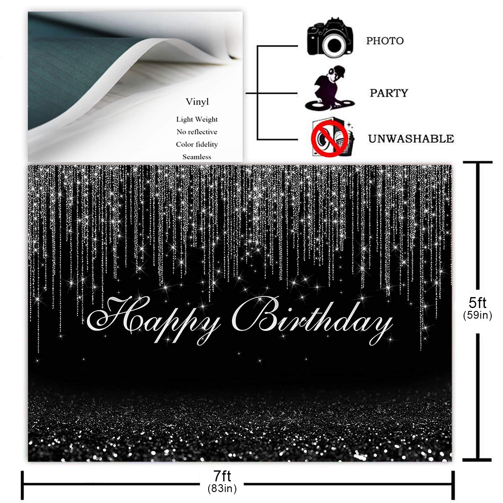 Avezano Black And Silver Glitter Happy Birthday Backdrop For Adult