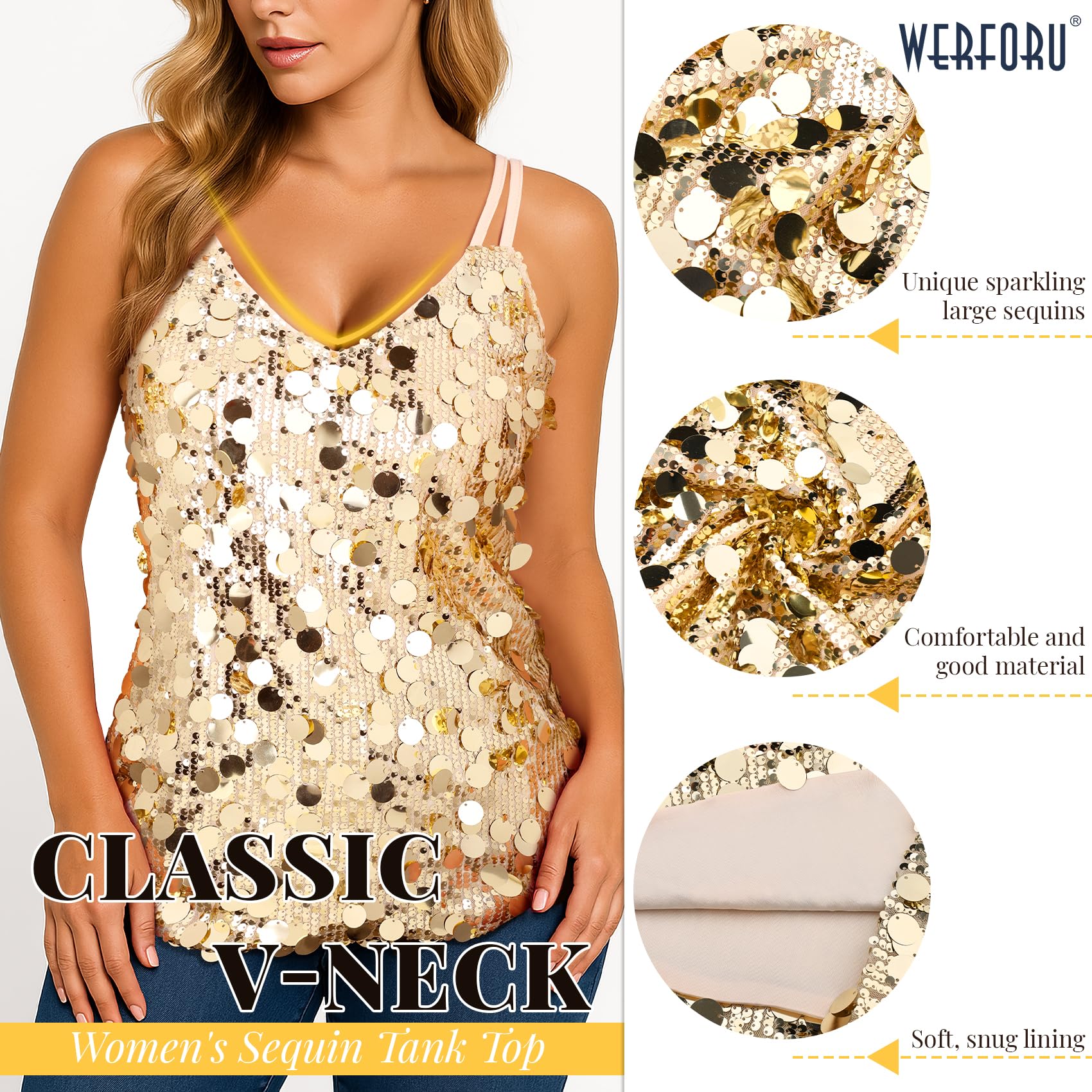 WERFORU Top de lentejuelas para mujer, con purpurina, para fiestas y | Top de lentejuelas brillantes con tirantes dobles ajustables. Adecuado para fiestas, festivales, carnaval y Navidad