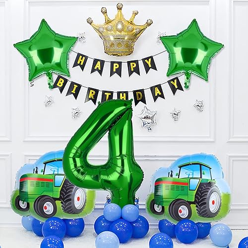 Miniatura 7 de 5 globos de tractor, color verde, número de cumpleaños de mylar, temática de granja, suministros de fiesta de 4 cumpleaños (4)