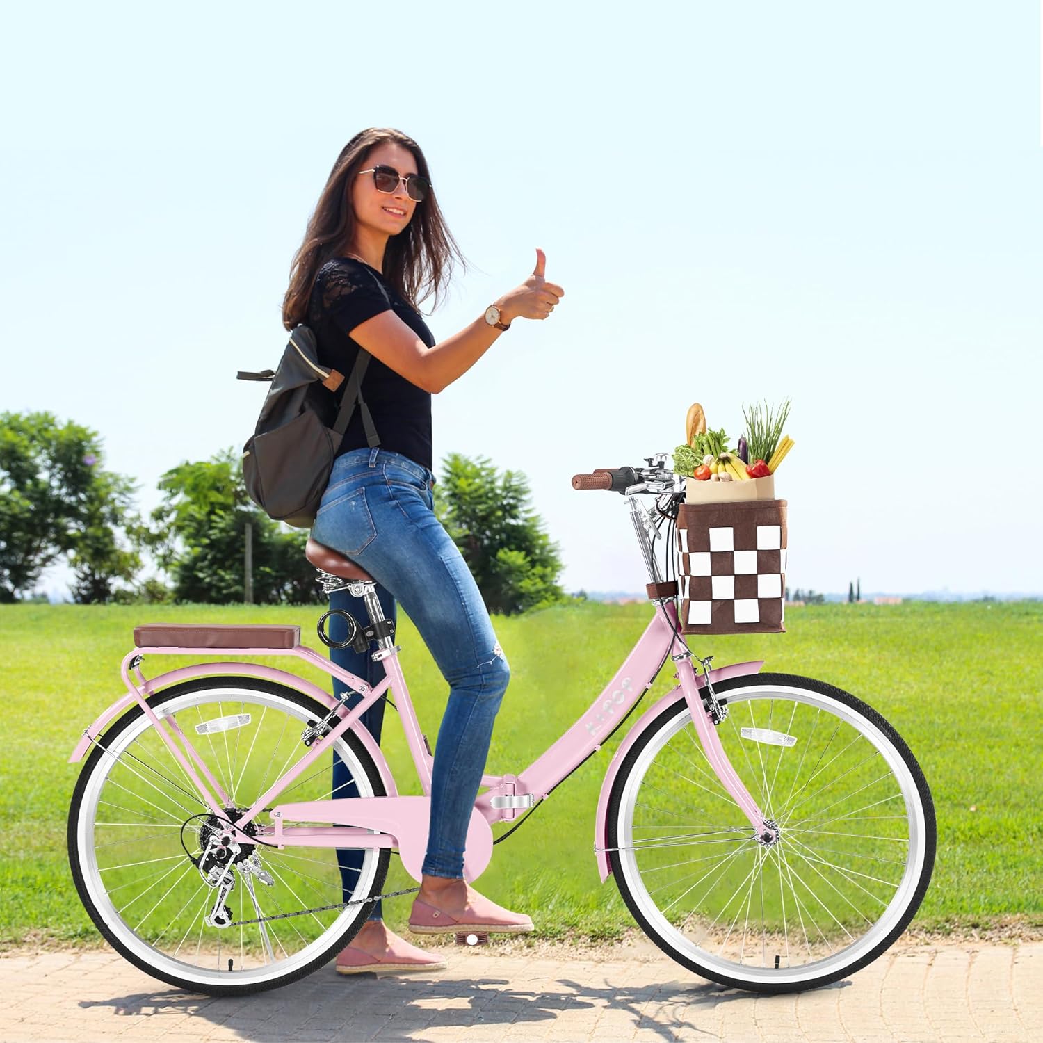 26 Inch Foldable Beach Cruiser Bike Womens Bicycle with Basket, 7 Speed Bikes for Women, Womens Bike Commuter Bicycle for Adult, Dual V-Brake Complete Cruiser Bikes, 330lbs Capacity